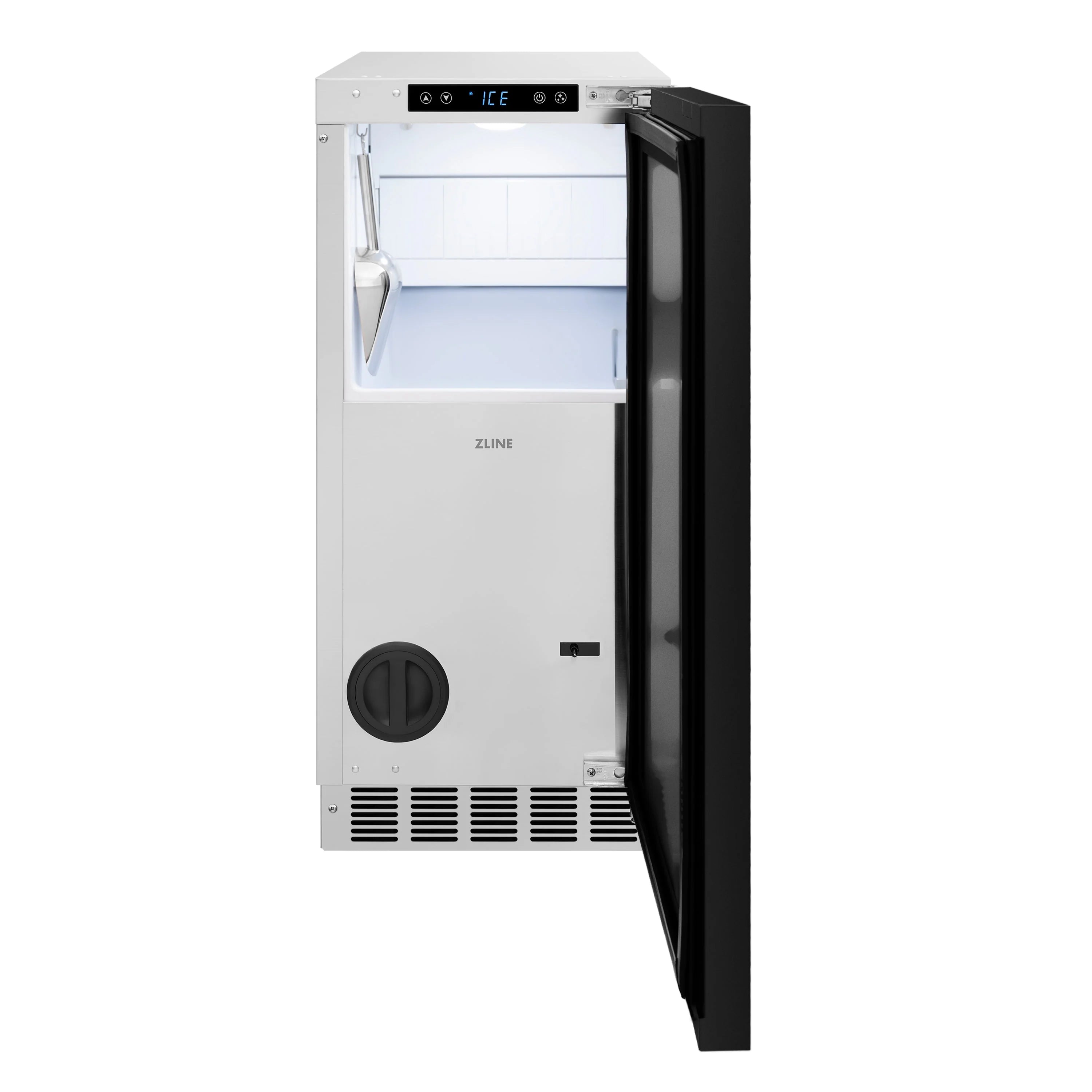 Built-in ice maker with door open, white interior bin and black control panel