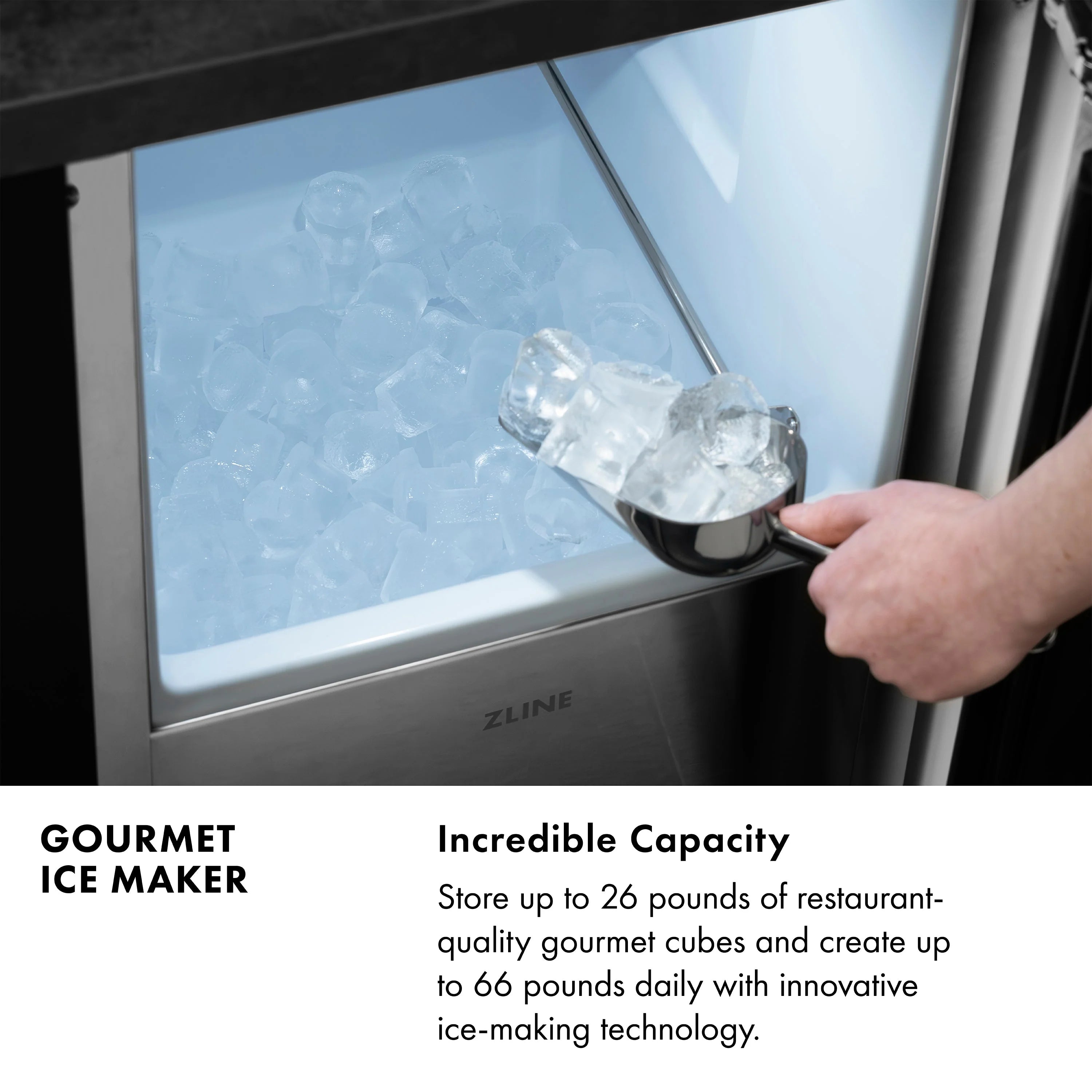 Hand dispensing ice into a glass from an open ice maker bin
