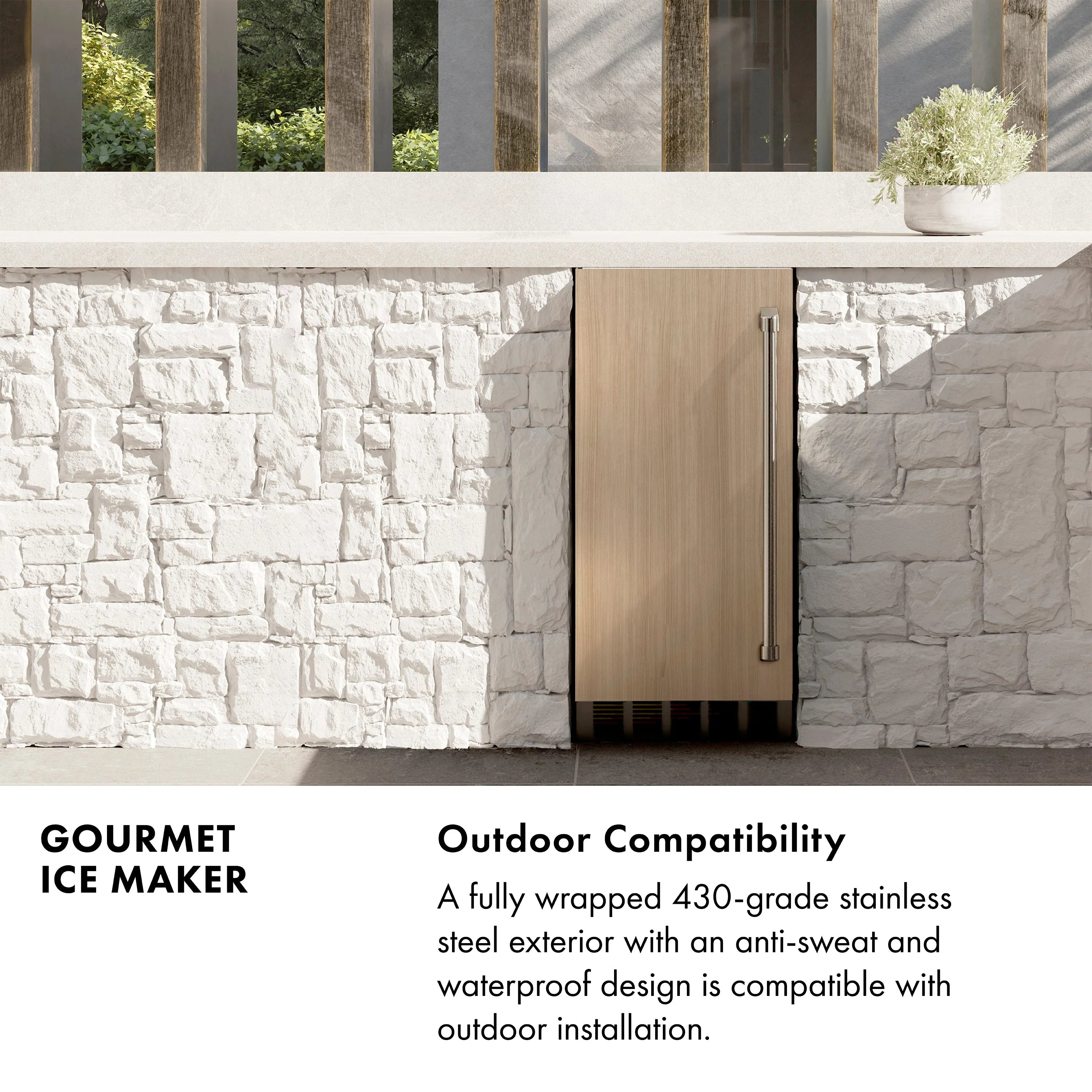 Stainless steel ice maker with gold handle, built-in outdoor door-style front