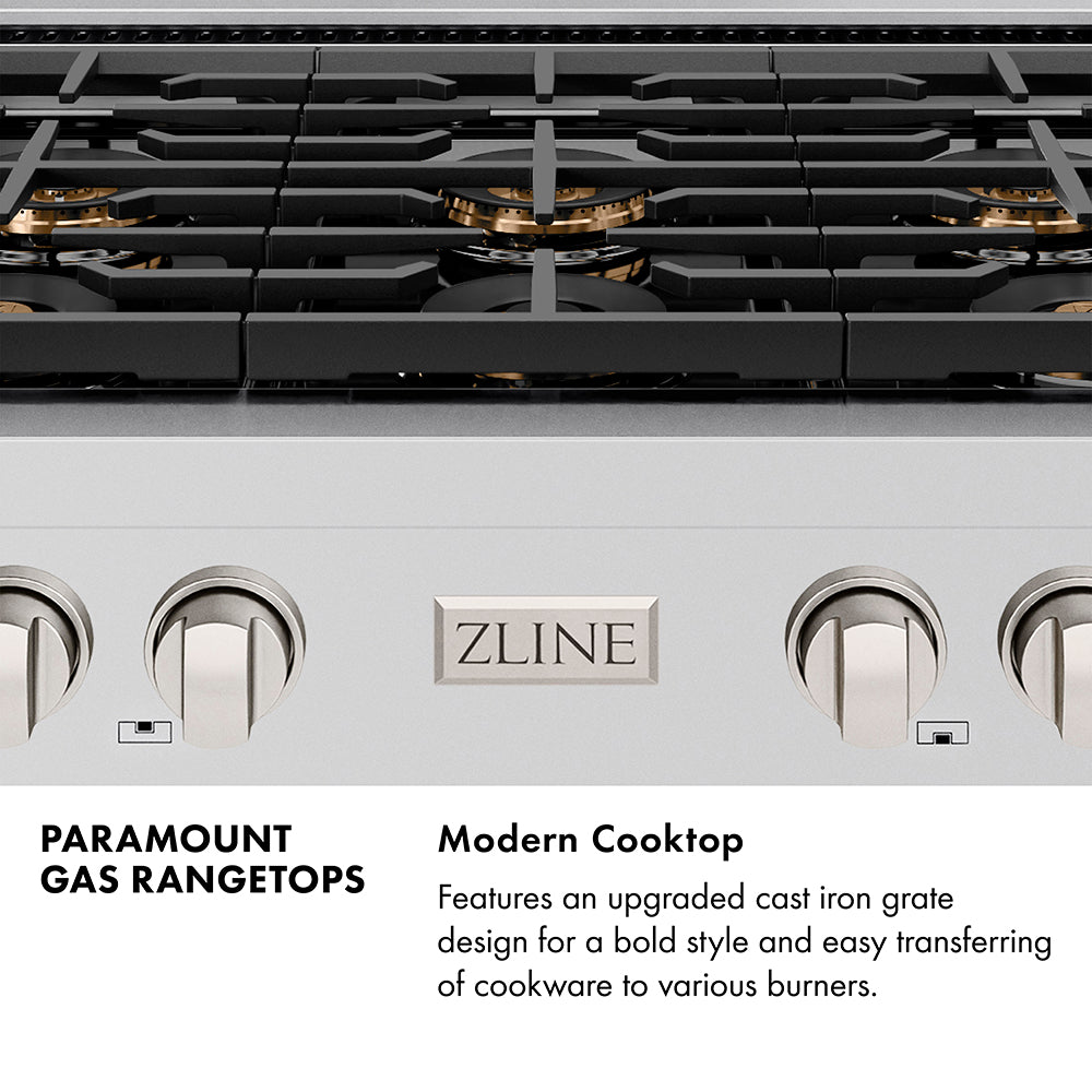 Stainless gas cooktop with black grates and control knobs along the front panel.