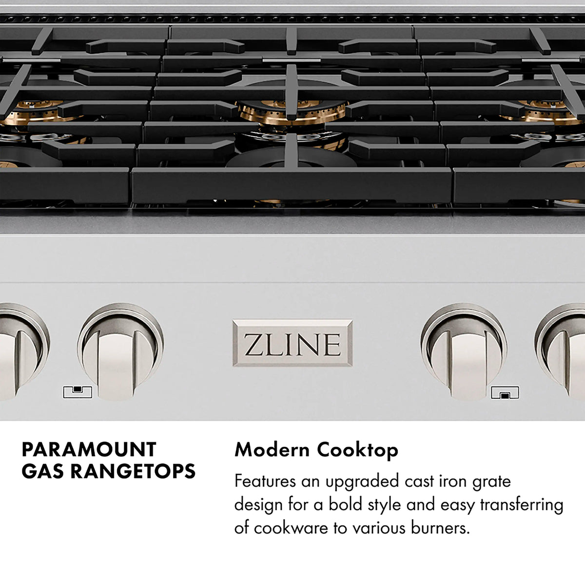 Black and stainless cooktop front with four knobs and ZLINE center logo