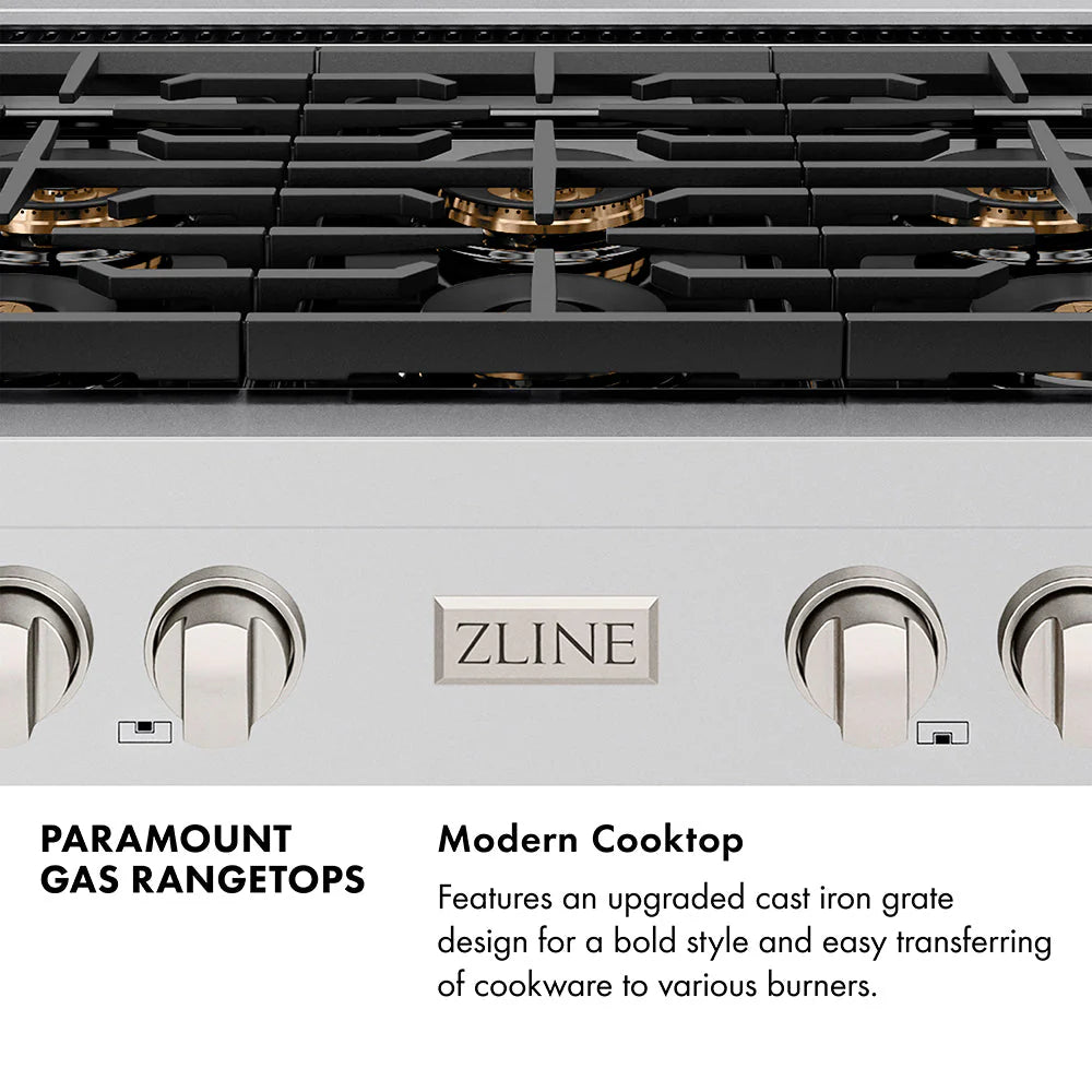 Black burner grate and stainless panel with champagne bronze knobs and ZLINE logo