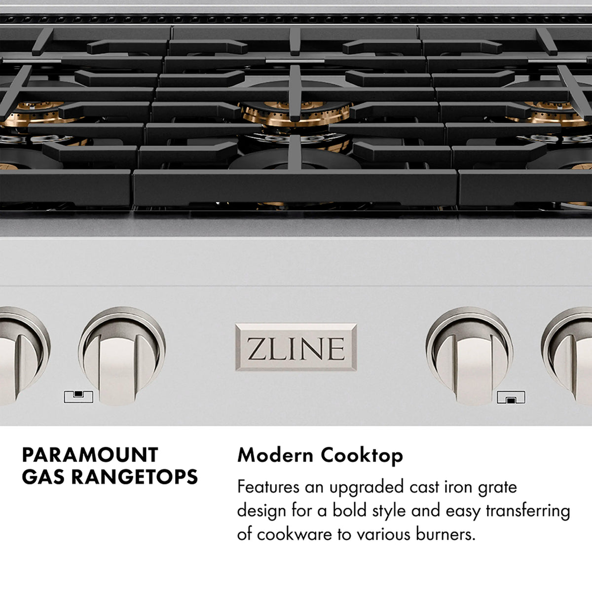 Gas cooktop burner row with black grates and brass-centered burner heads