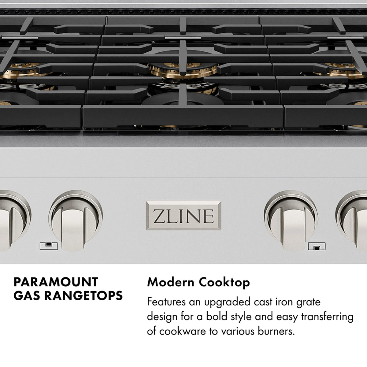 ZLINE Paramount gas rangetop control panel with knobs and burner grate interior