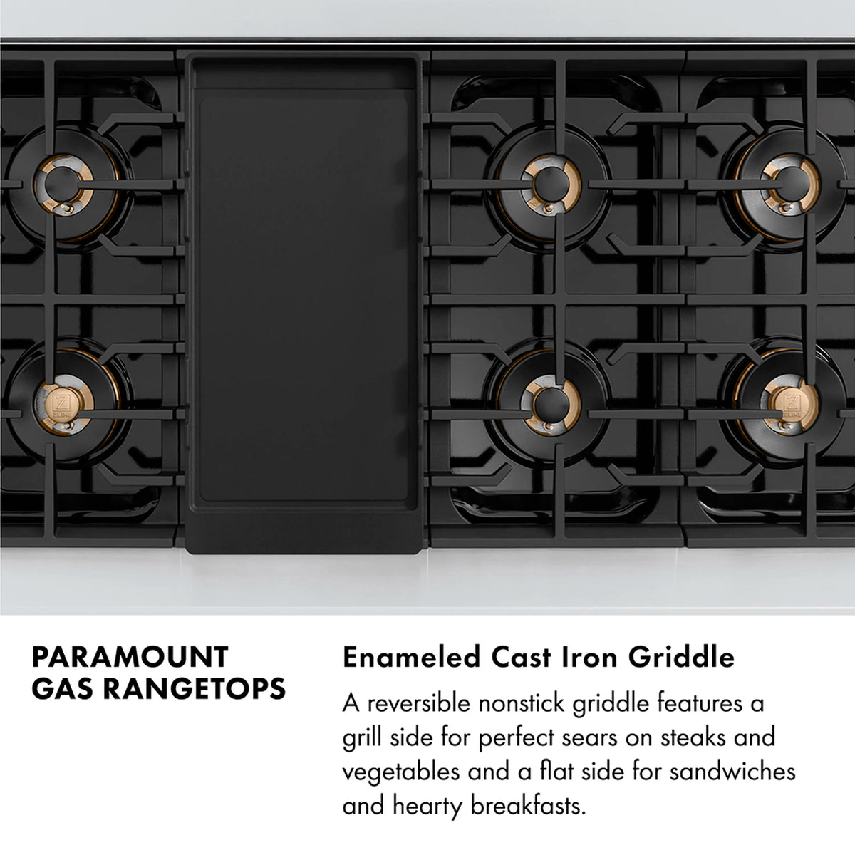 Reversible cast iron griddle on gas cooktop, black grate burners surround