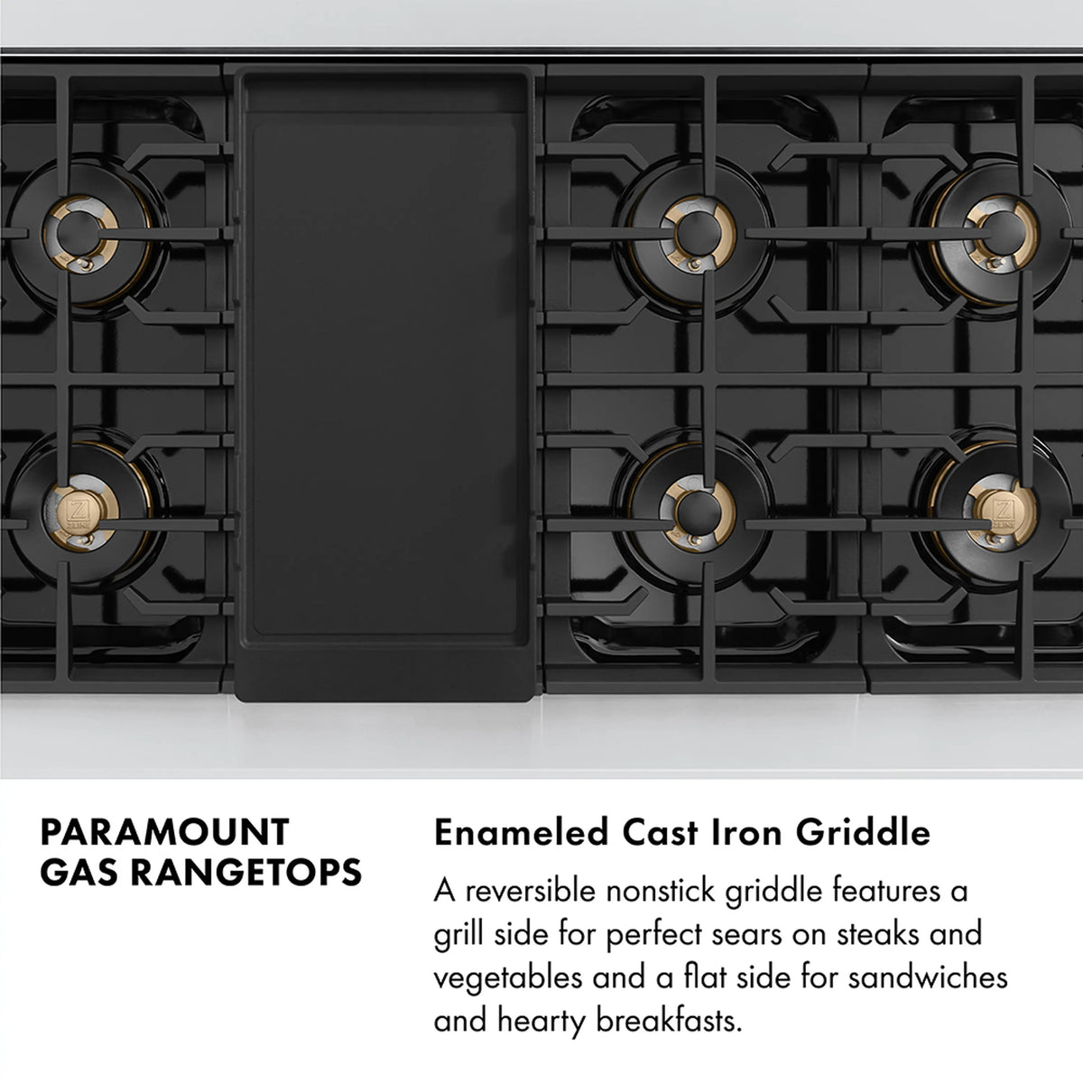 Gas rangetop with black cast-iron grates and center black griddle insert