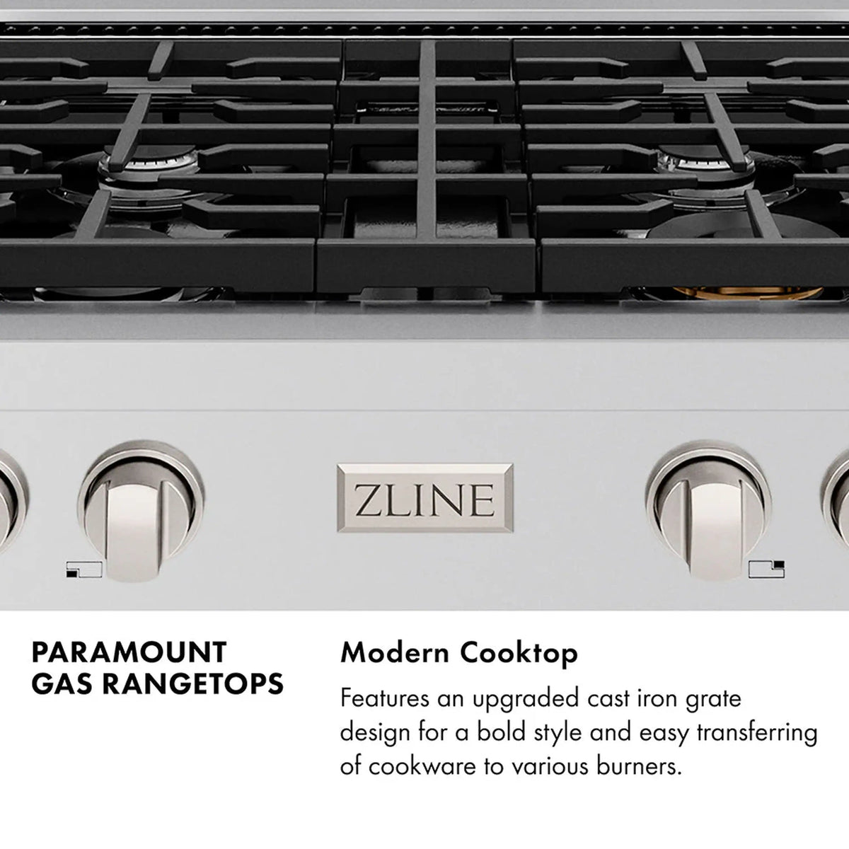 Gas rangetop front panel with stainless knobs and ZLINE logo, modern layout