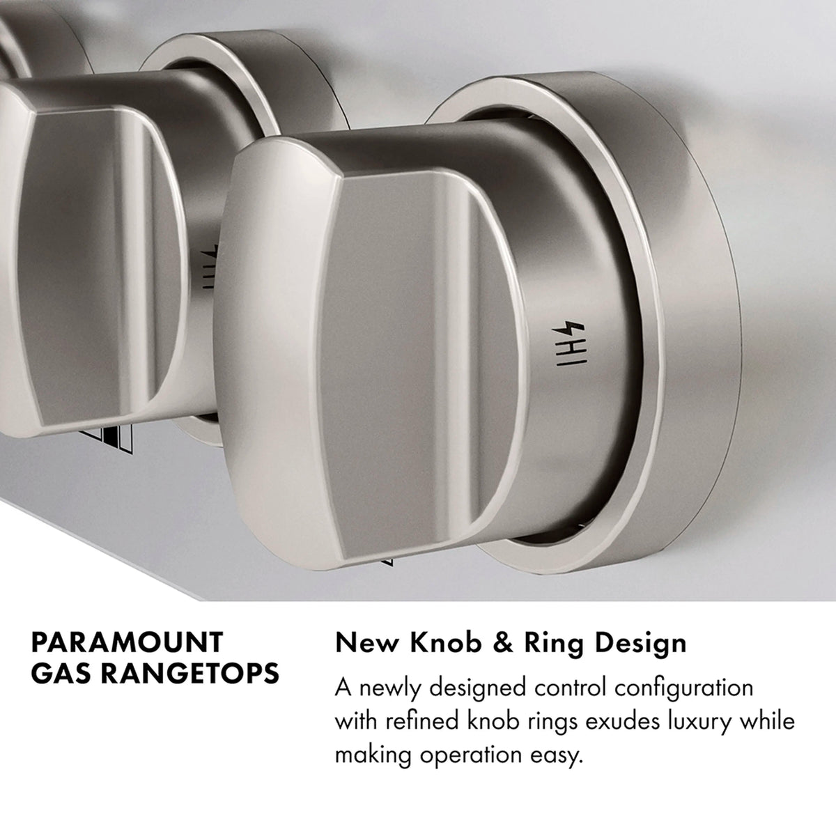 Stainless gas cooktop control knob with black ring on front panel