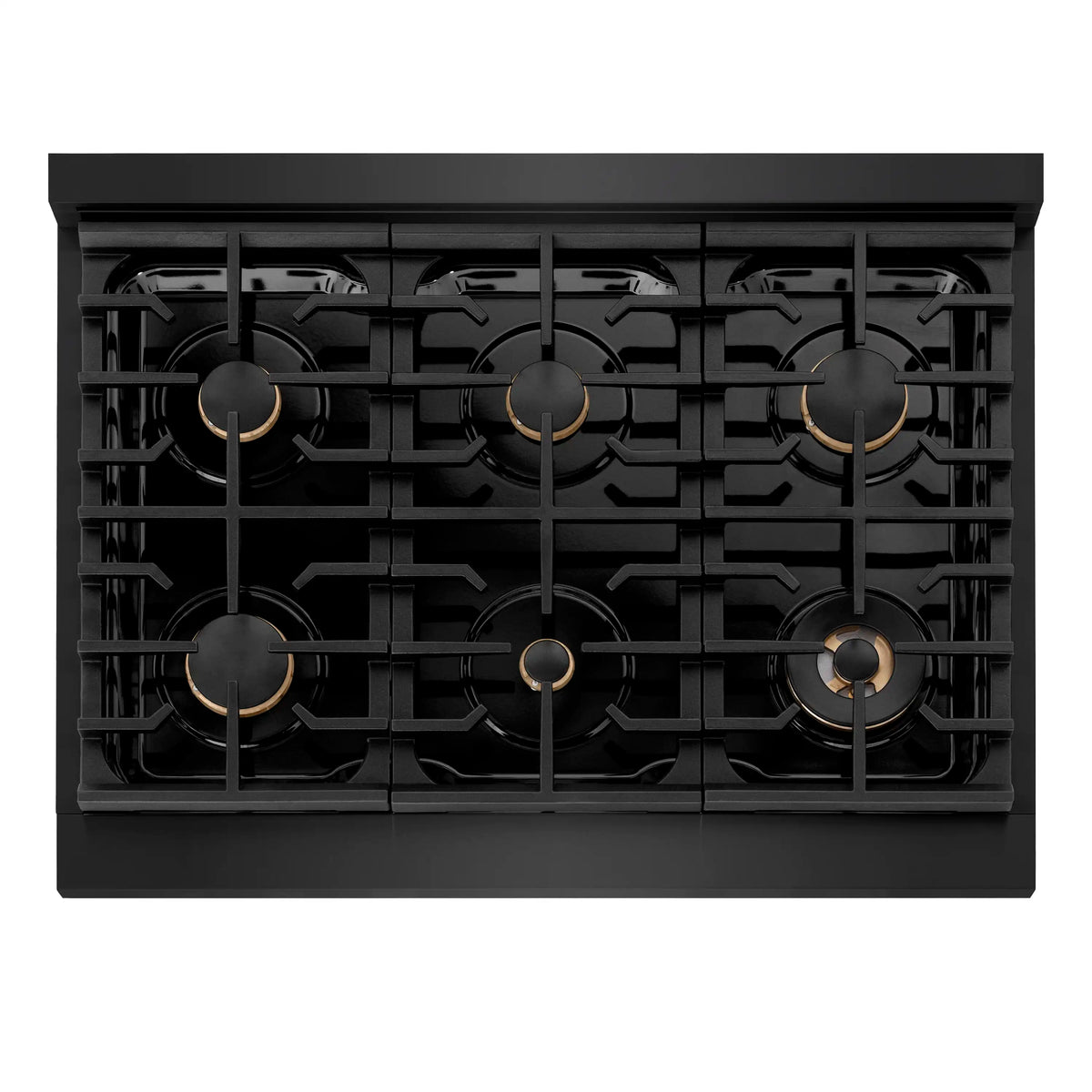 Front view of black gas cooktop with porcelain grates and six bronze gas burners