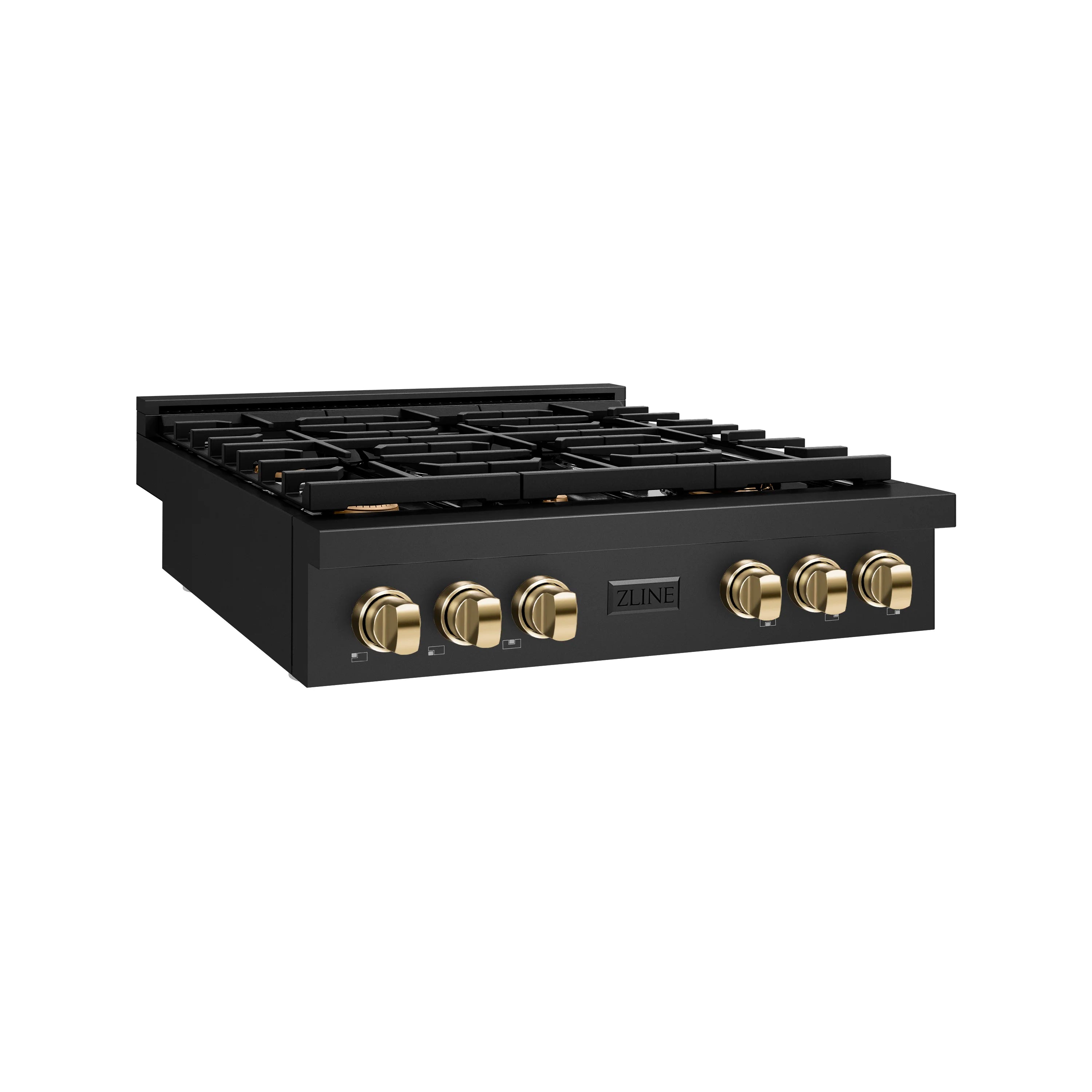 Gas rangetop with six burners, black body, black grates, and polished gold control knobs