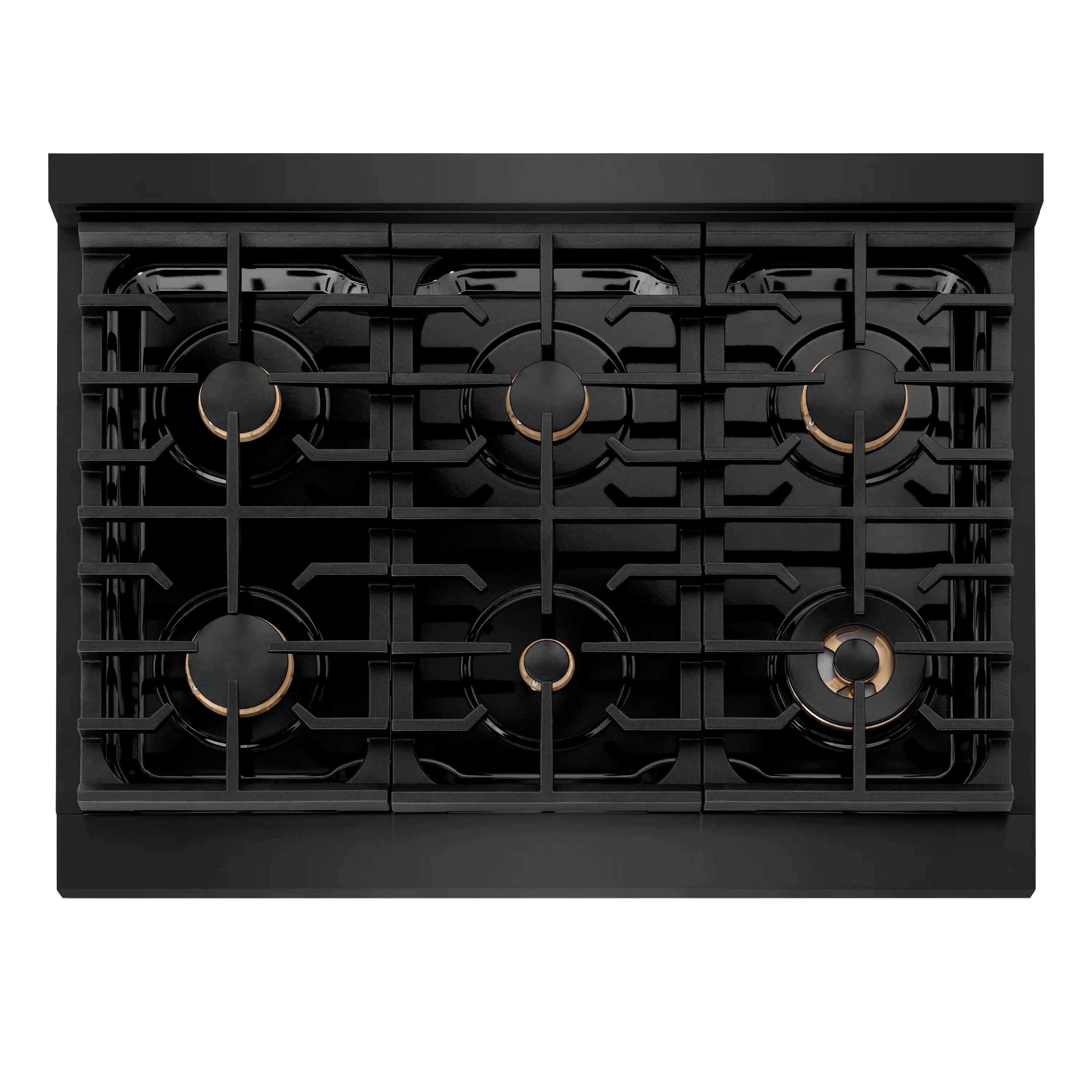 Top view of six-burner gas rangetop with black grates and gold-accent burner bases