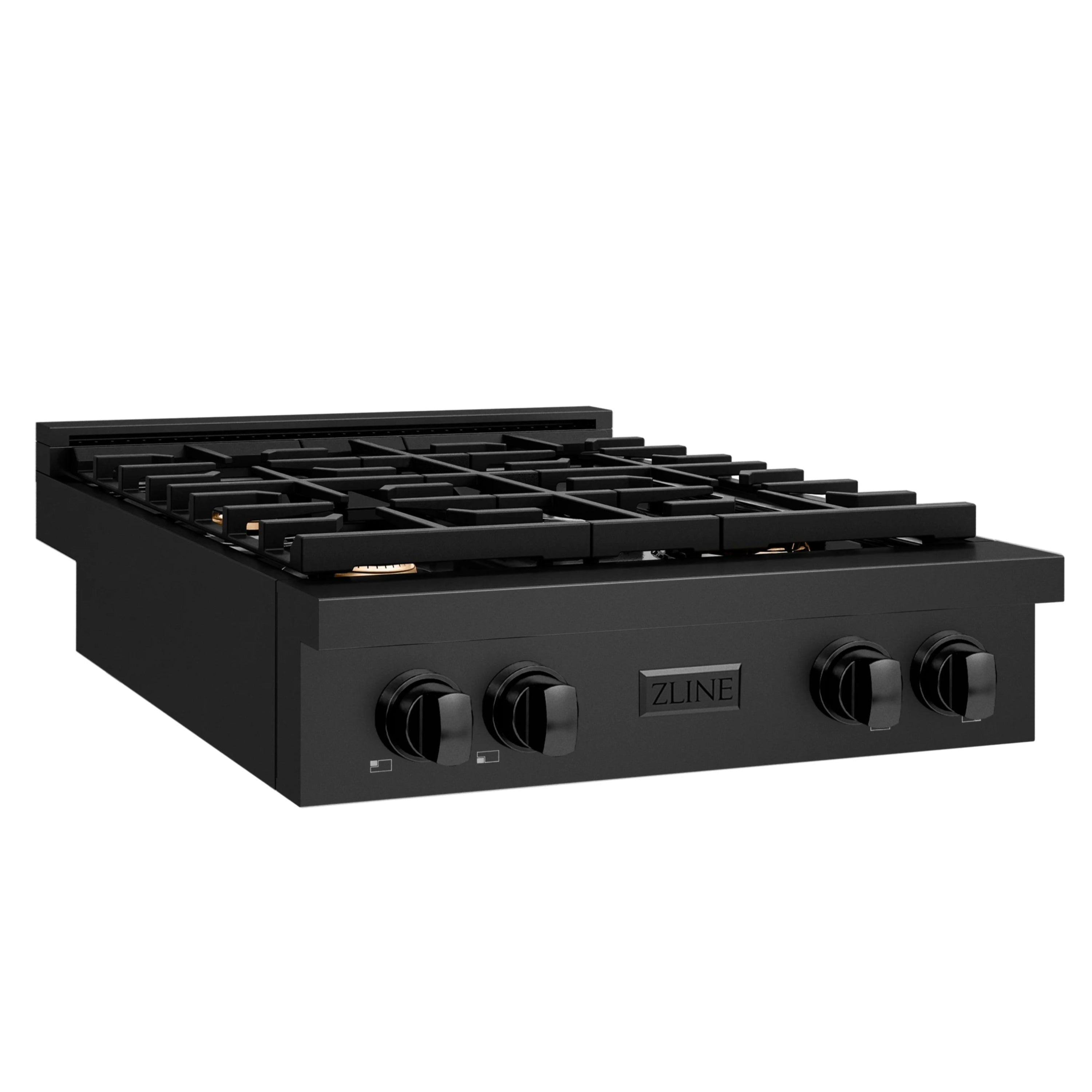 Black 30-inch gas rangetop with four burners, black grates, and front control knobs
