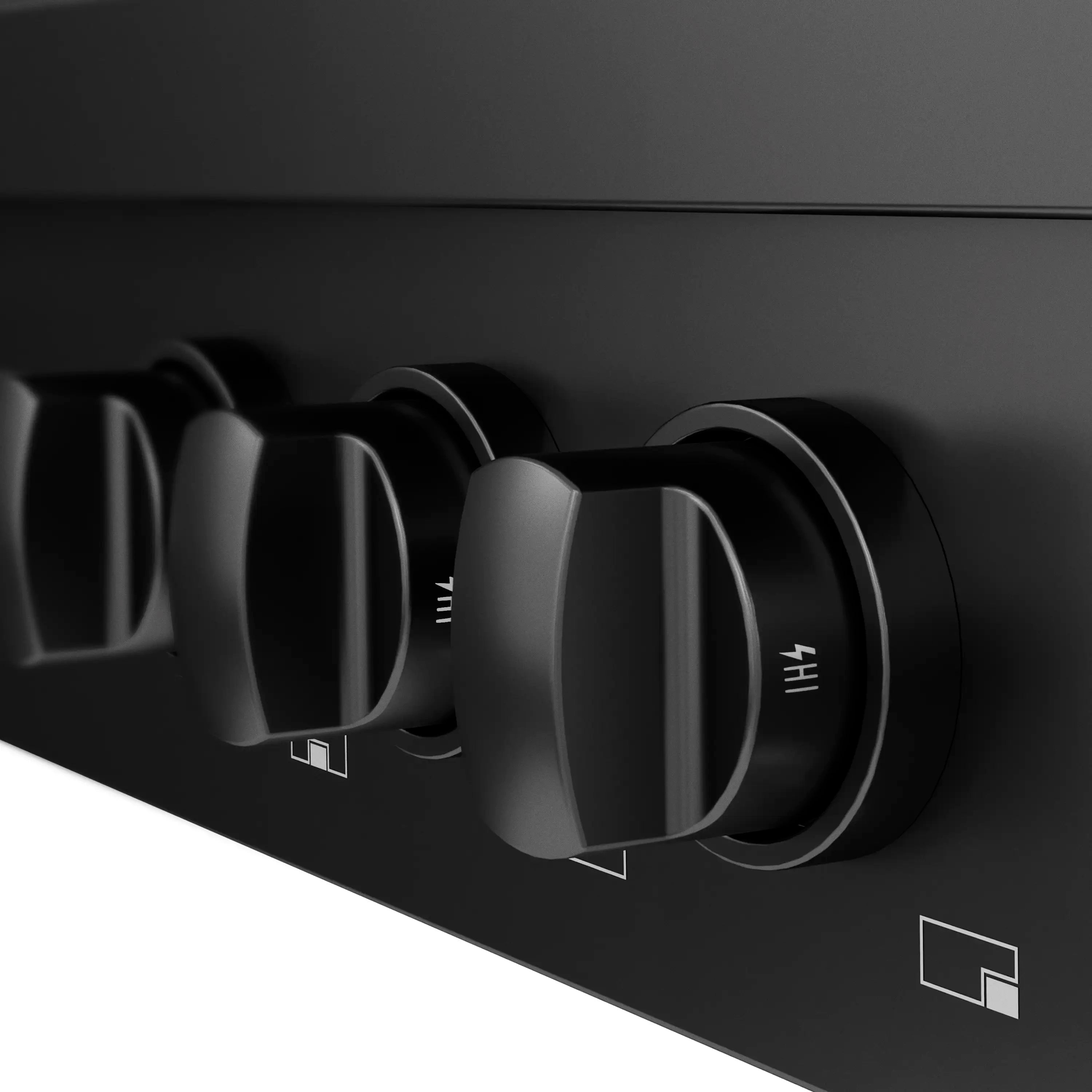 Black gas cooktop control knobs with ZLINE logo on front panel