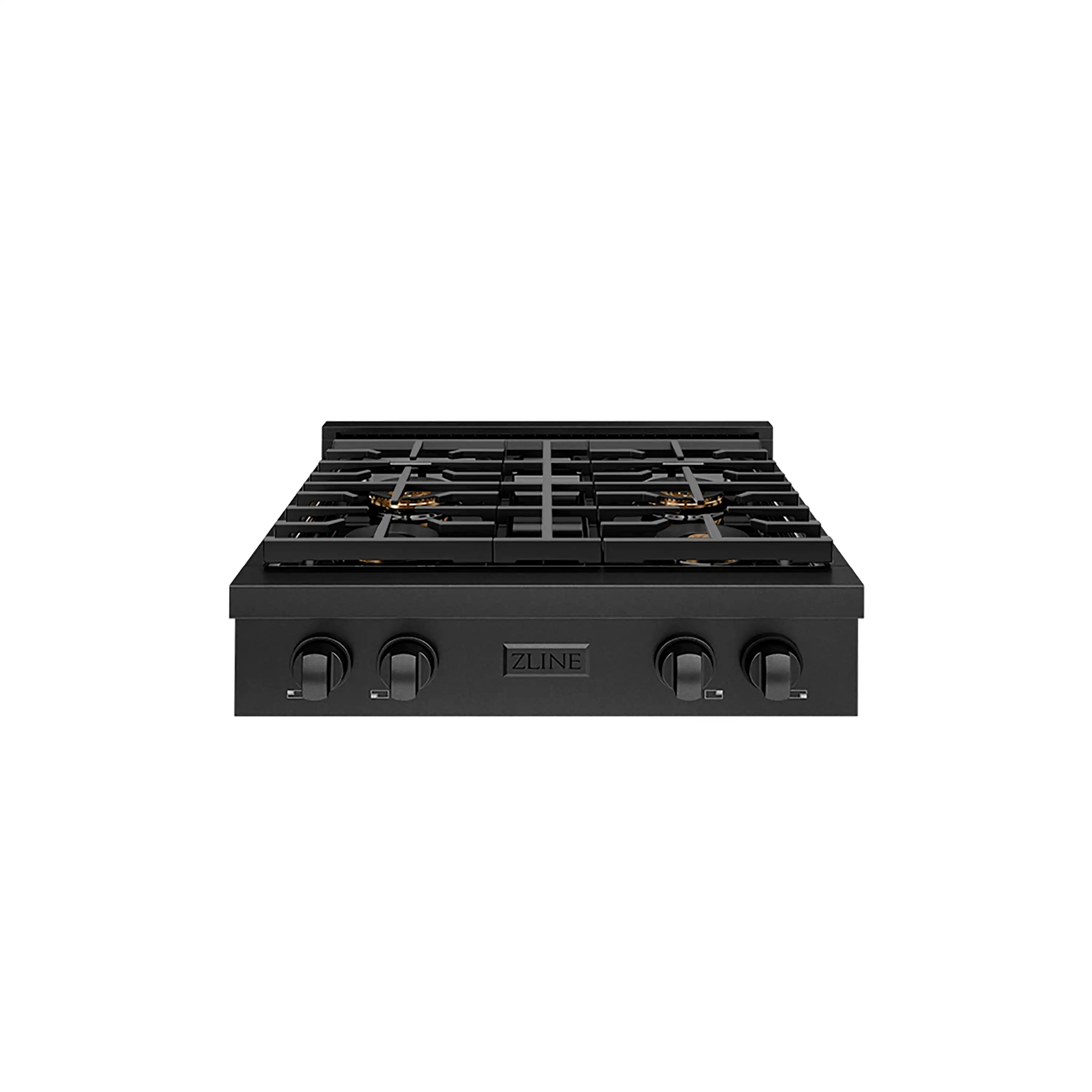 ZLINE black gas rangetop with four burner grates and control knob panel