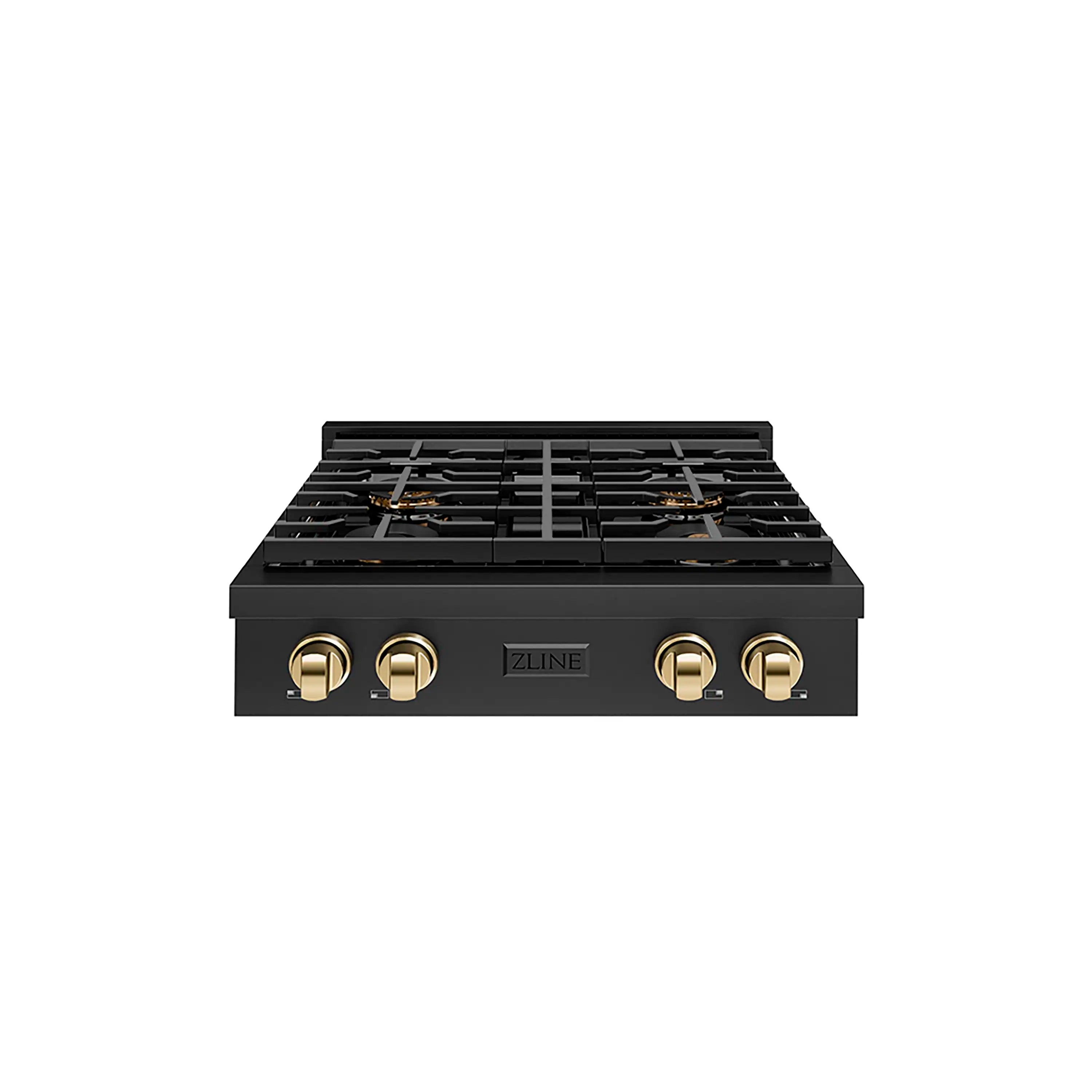 Front view of black gas rangetop with four burner grates and gold-ring control knobs
