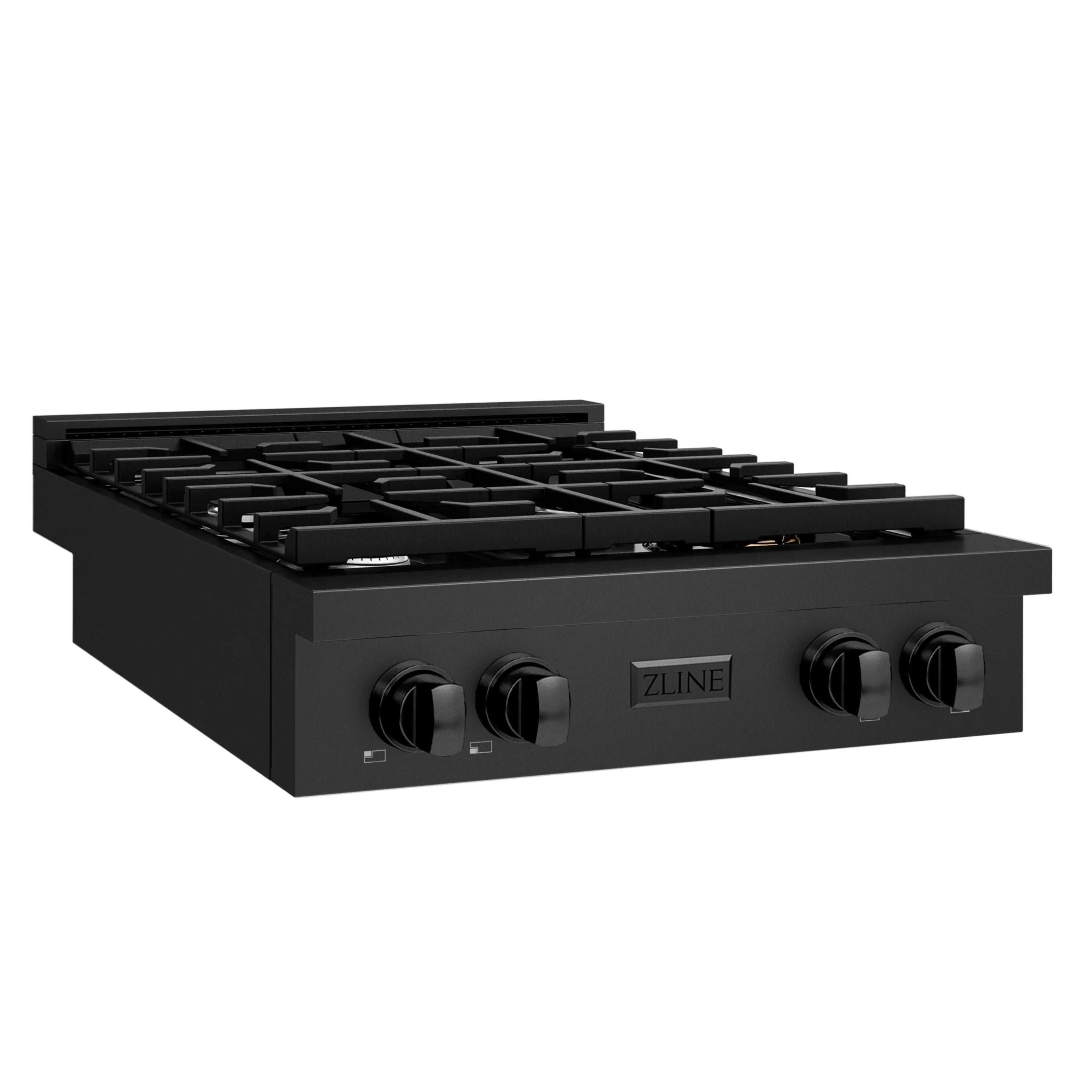 Black stainless gas rangetop with four burners, ZLINE logo, and front control knobs