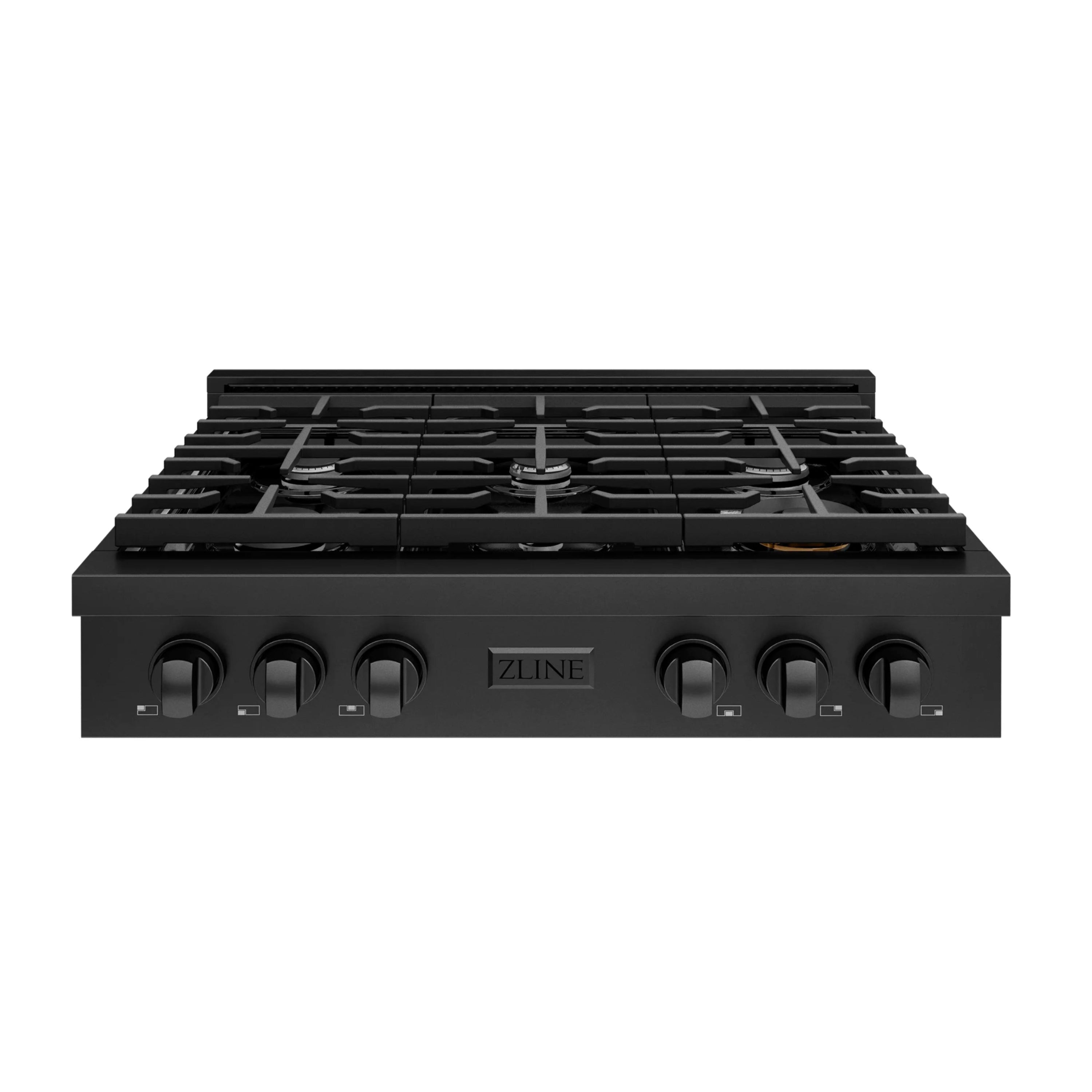 Black stainless gas rangetop with 6 burners, grates, and front control knobs