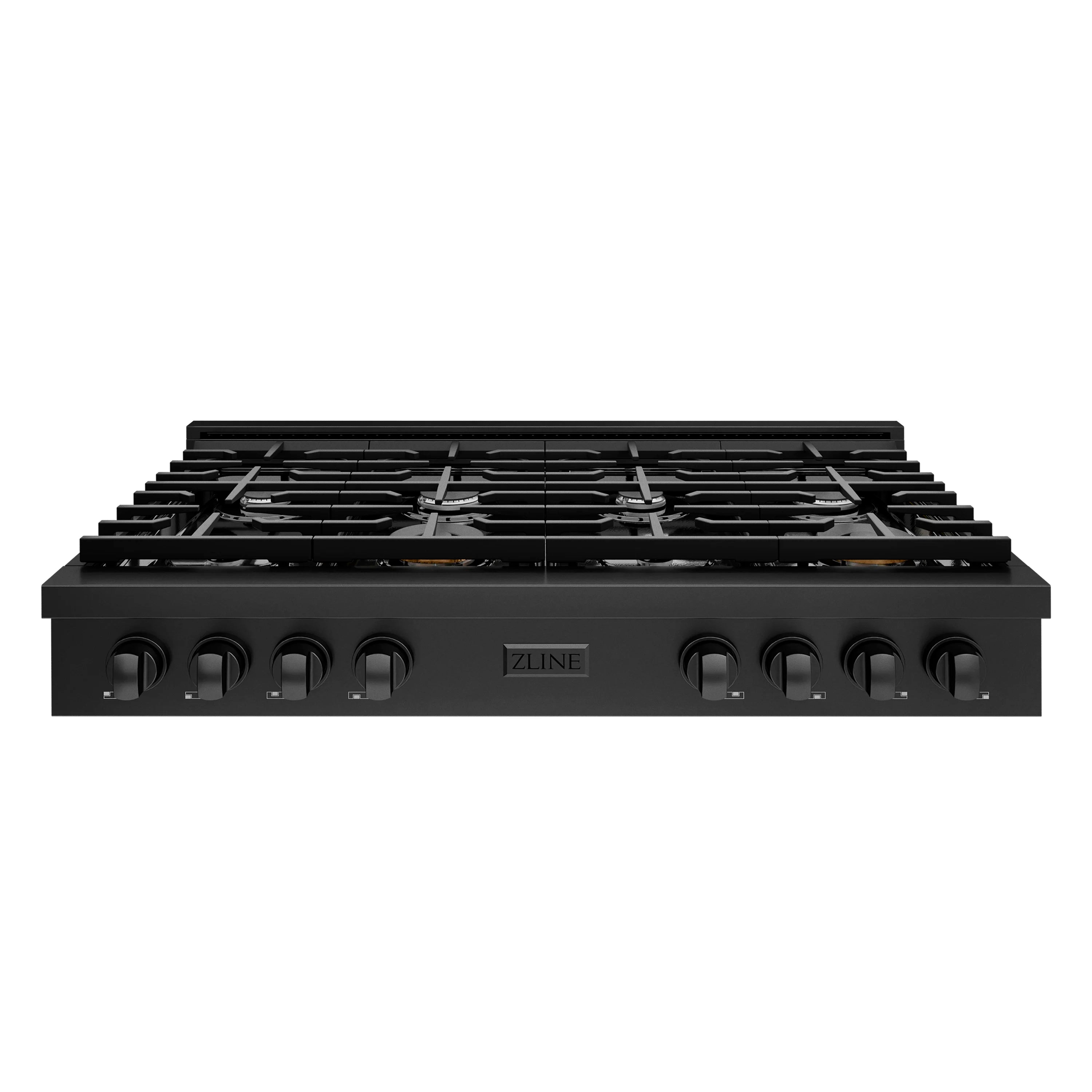 Black gas cooktop front view with cast burner grates and multiple control knobs