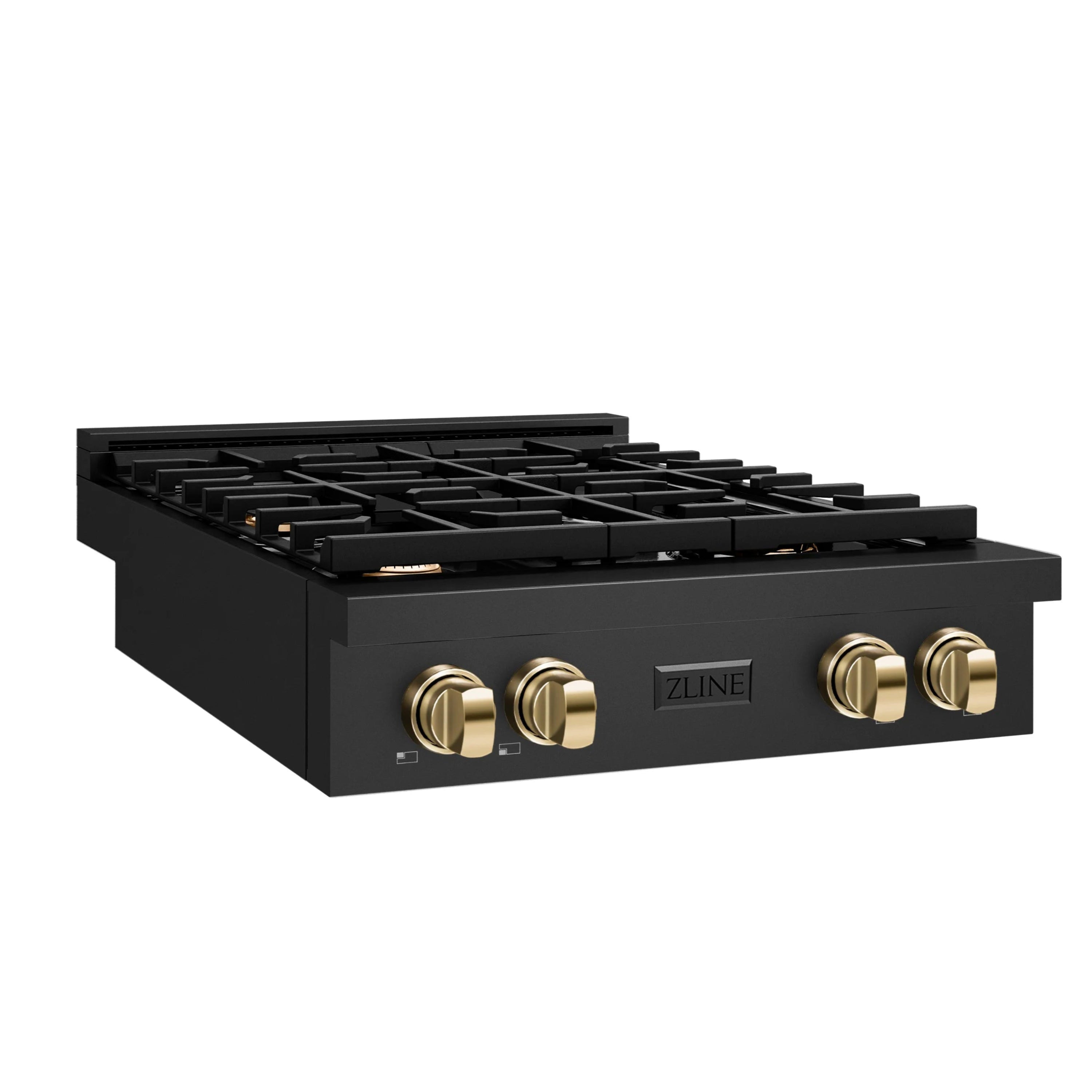 Black gas rangetop with four burners and four polished gold control knobs