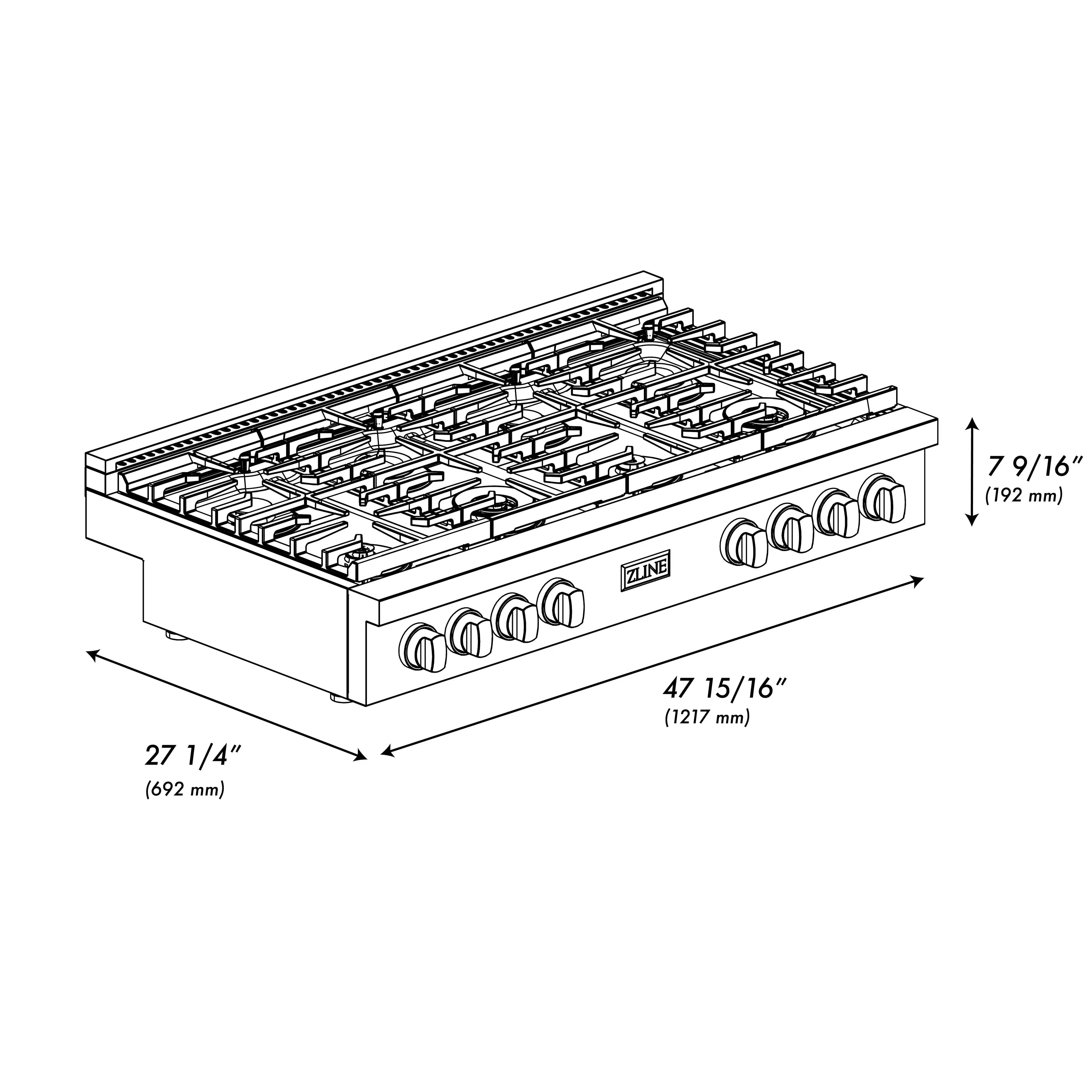 Gas rangetop diagram showing black cooktop layout and knob row