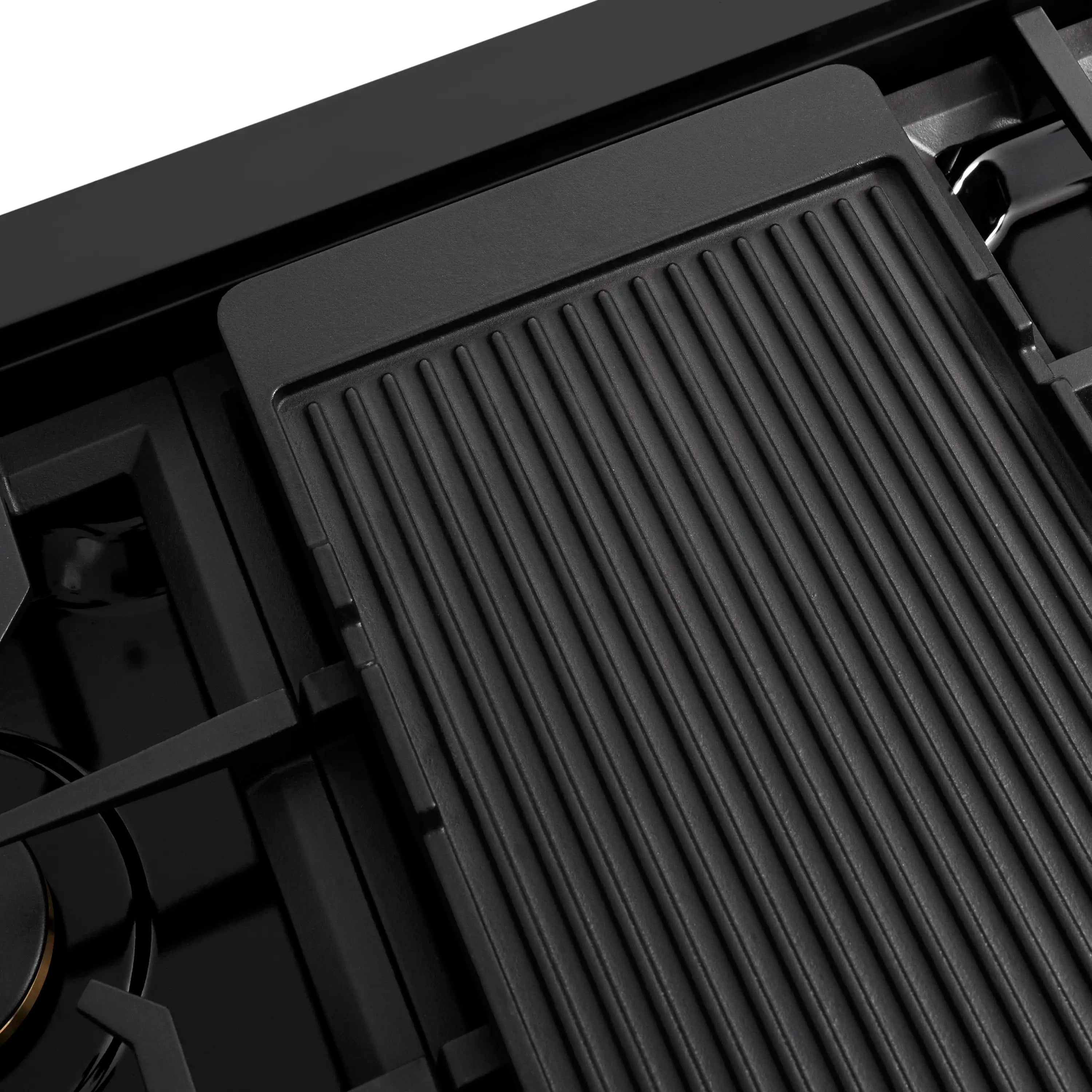 Black ridged griddle-style insert panel on the gas cooktop surface