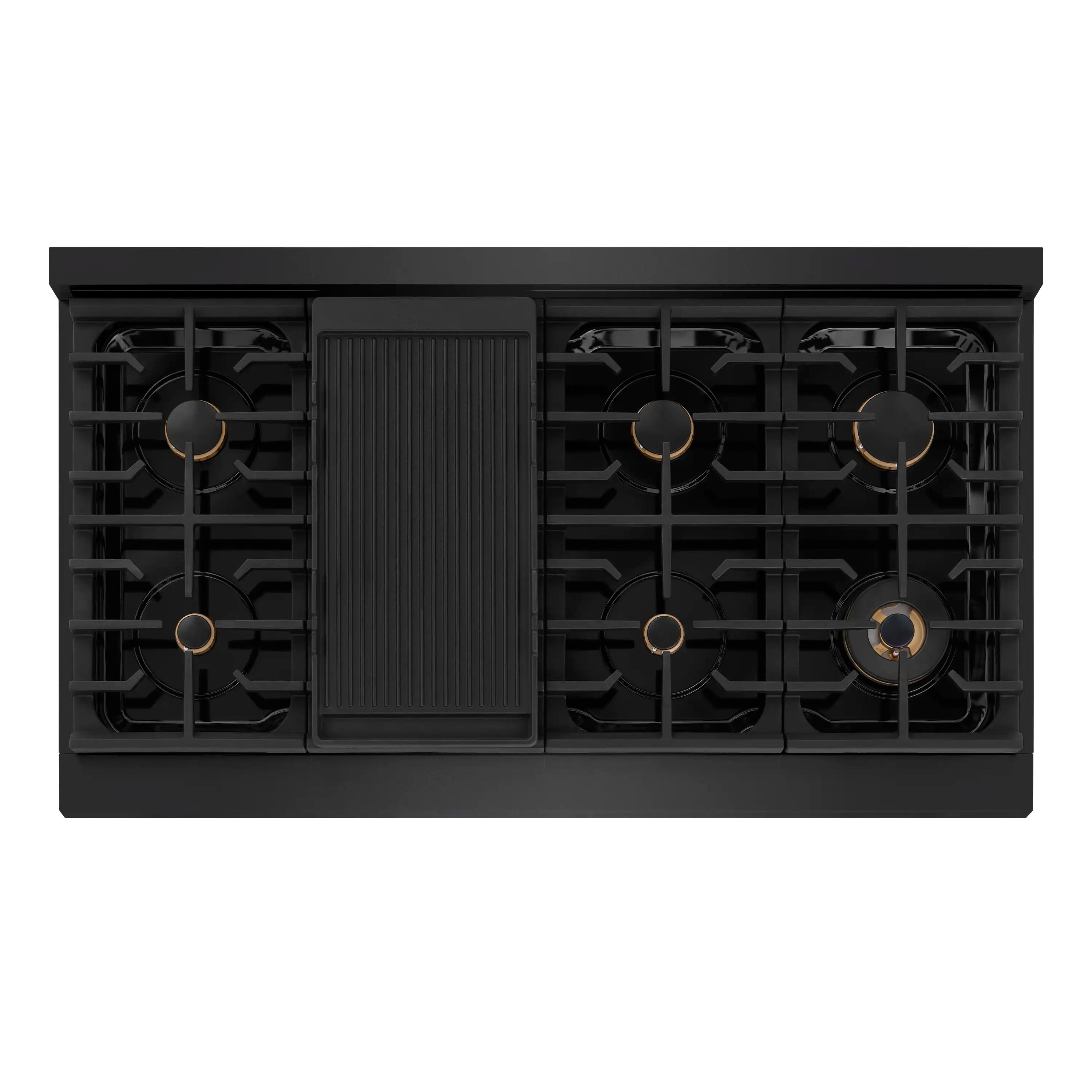 Top view of a black gas cooktop with burner grates and gold-accented burner rings