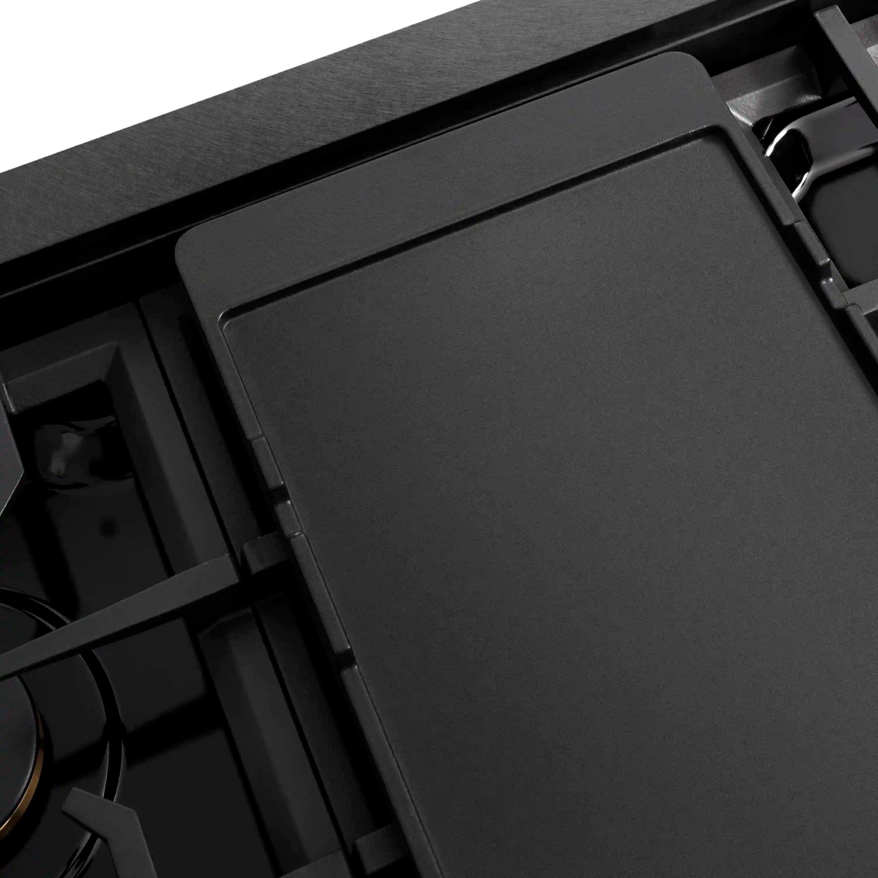 Black flat griddle plate for gas rangetop with smooth cooking surface
