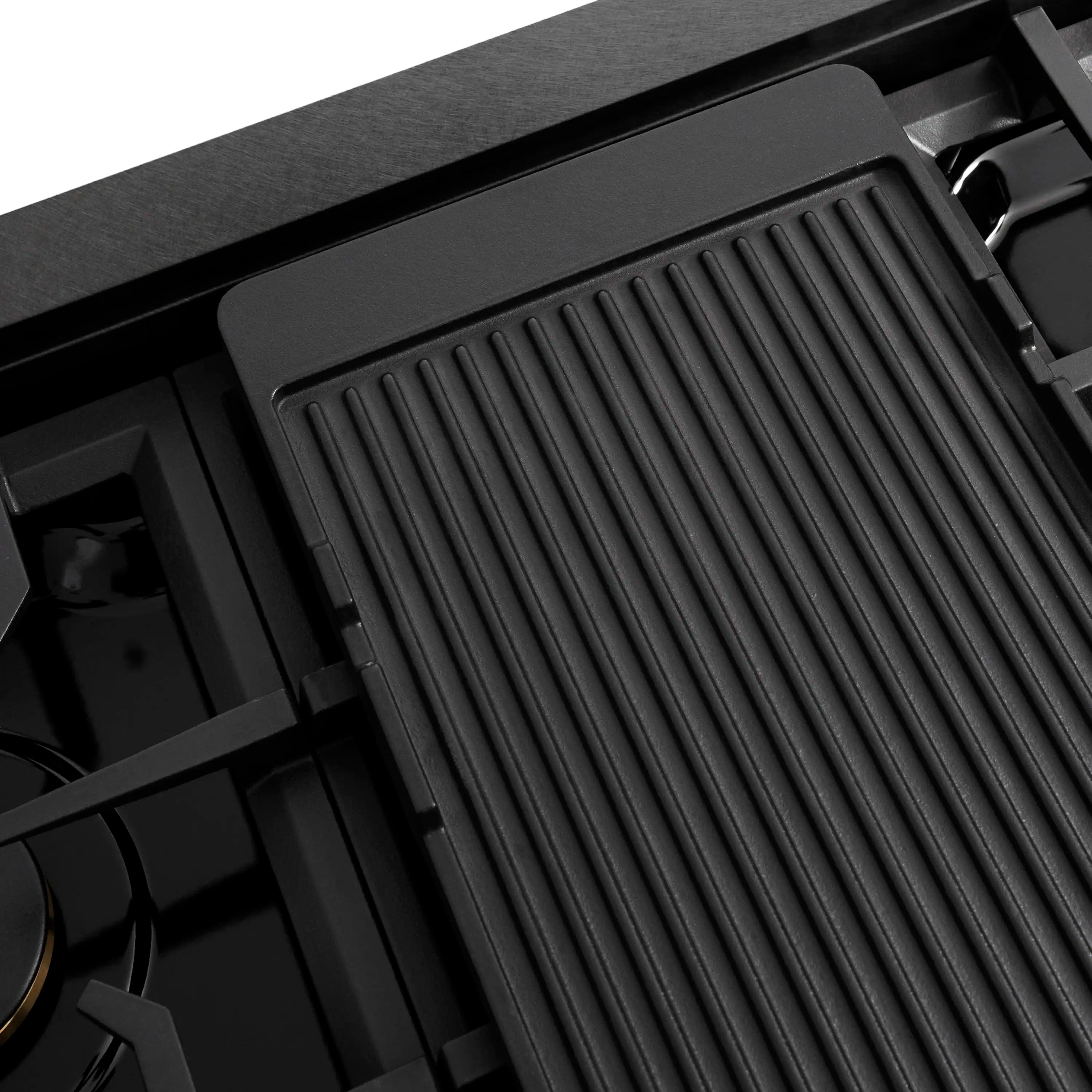 Black ridged griddle plate insert on a gas rangetop with surrounding burner supports
