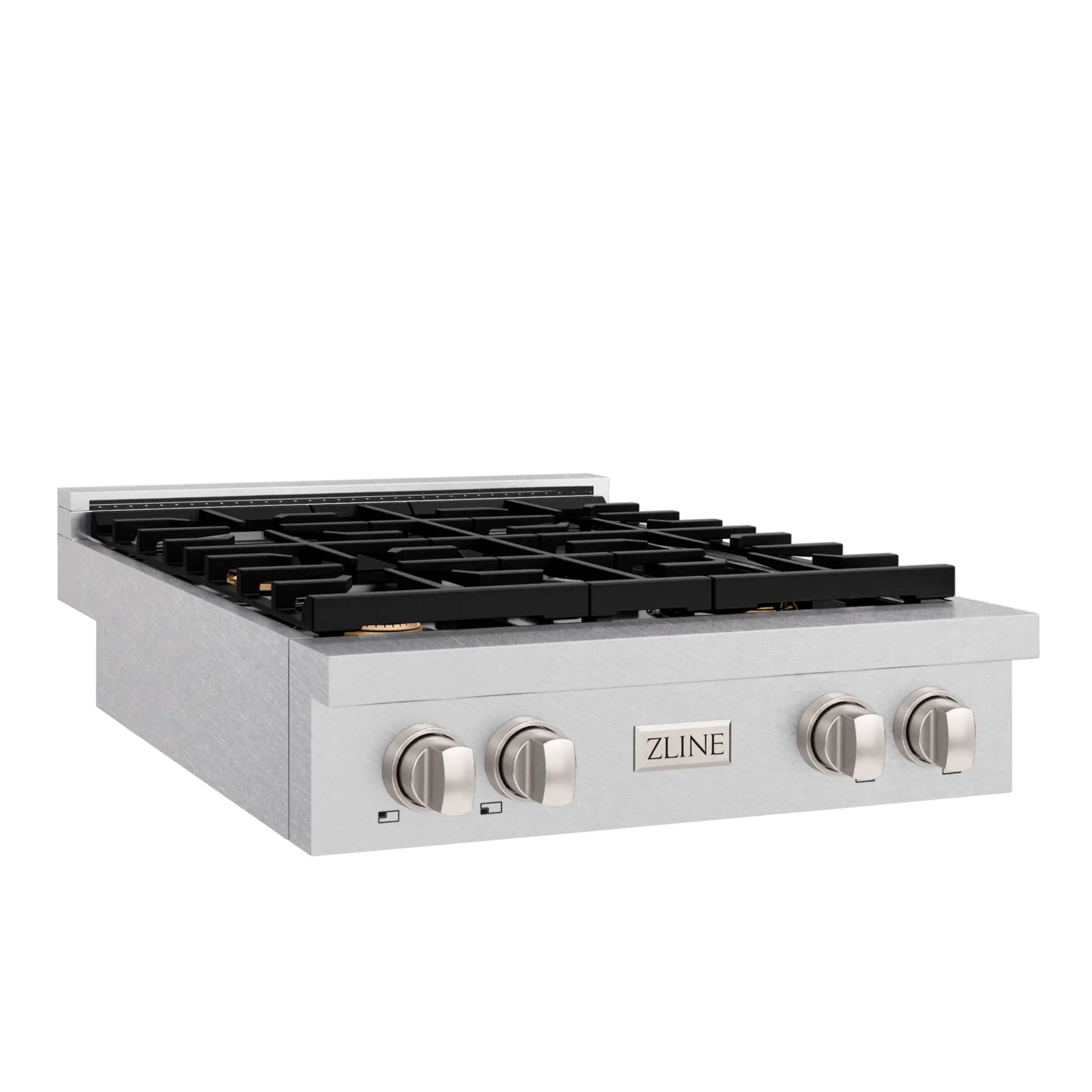 30-inch gas rangetop front panel with black grate, satin stainless steel sides, four knobs
