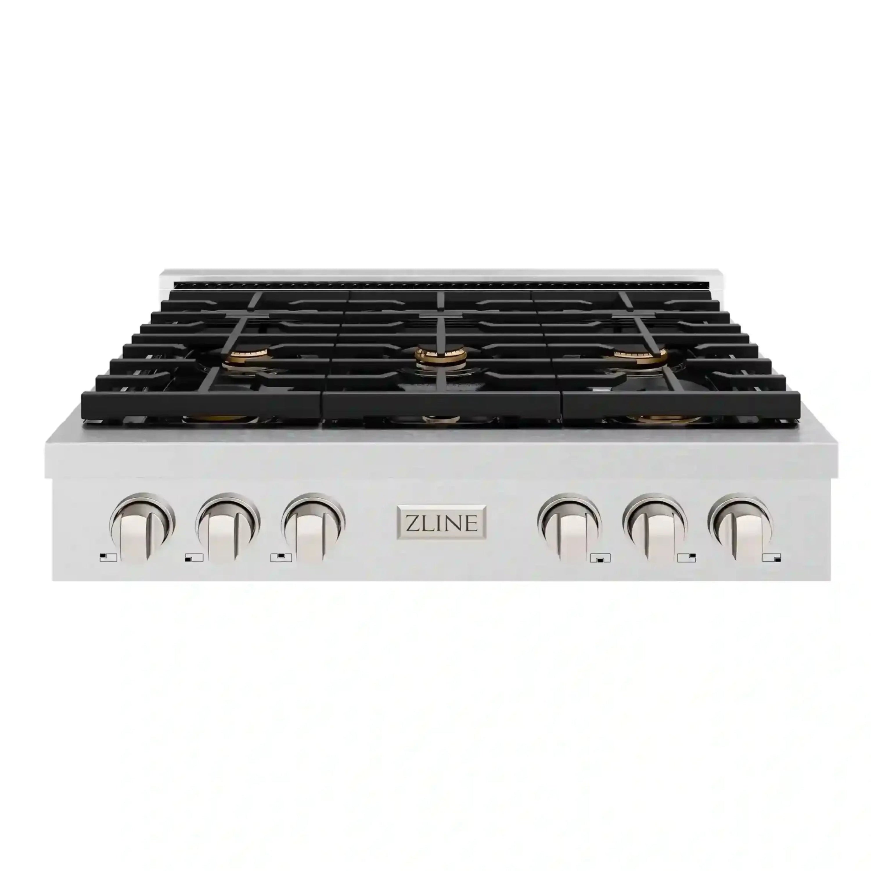 Stainless steel gas rangetop front view with black grate and brass burner caps