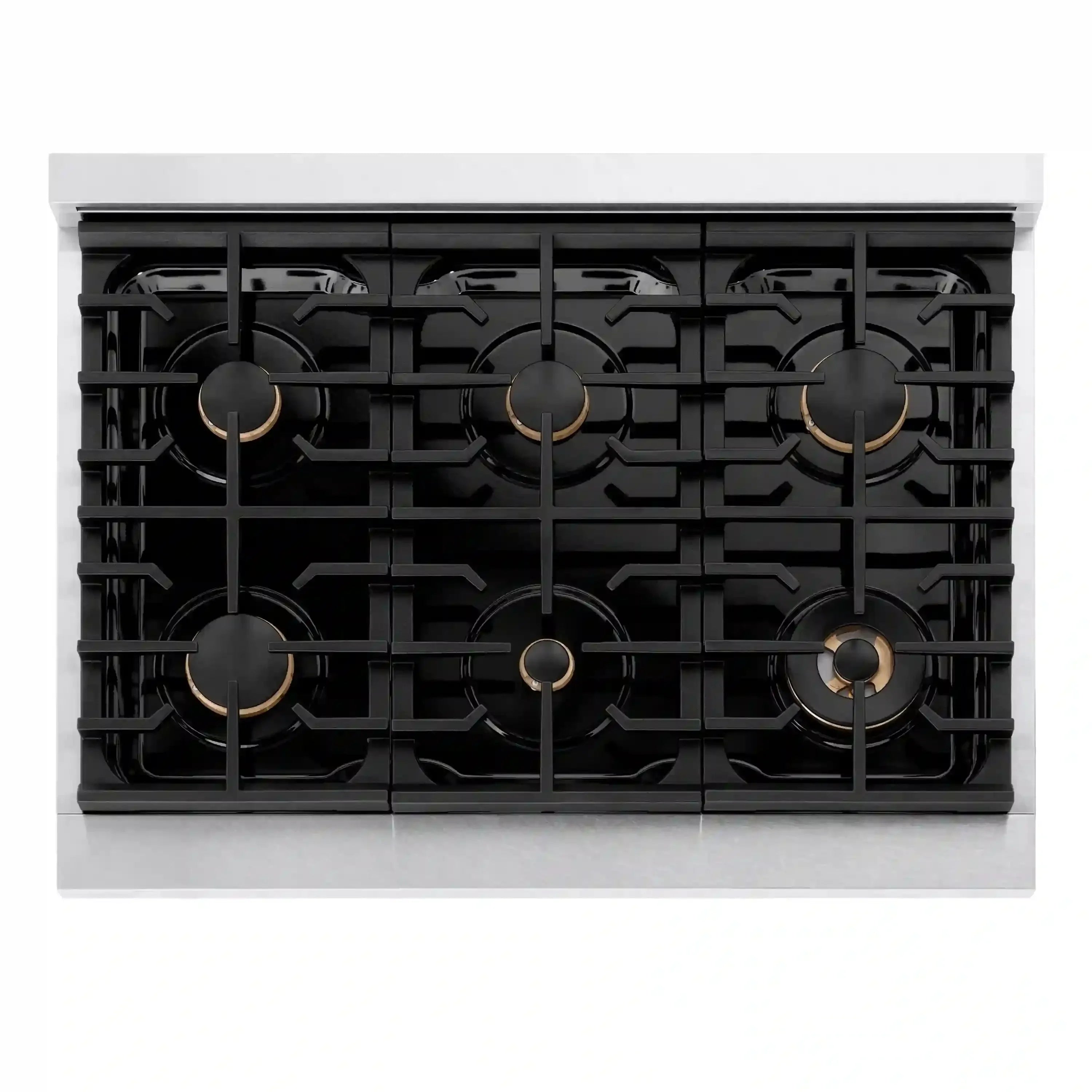 Gas cooktop top view with black grates and brass-accent burner caps