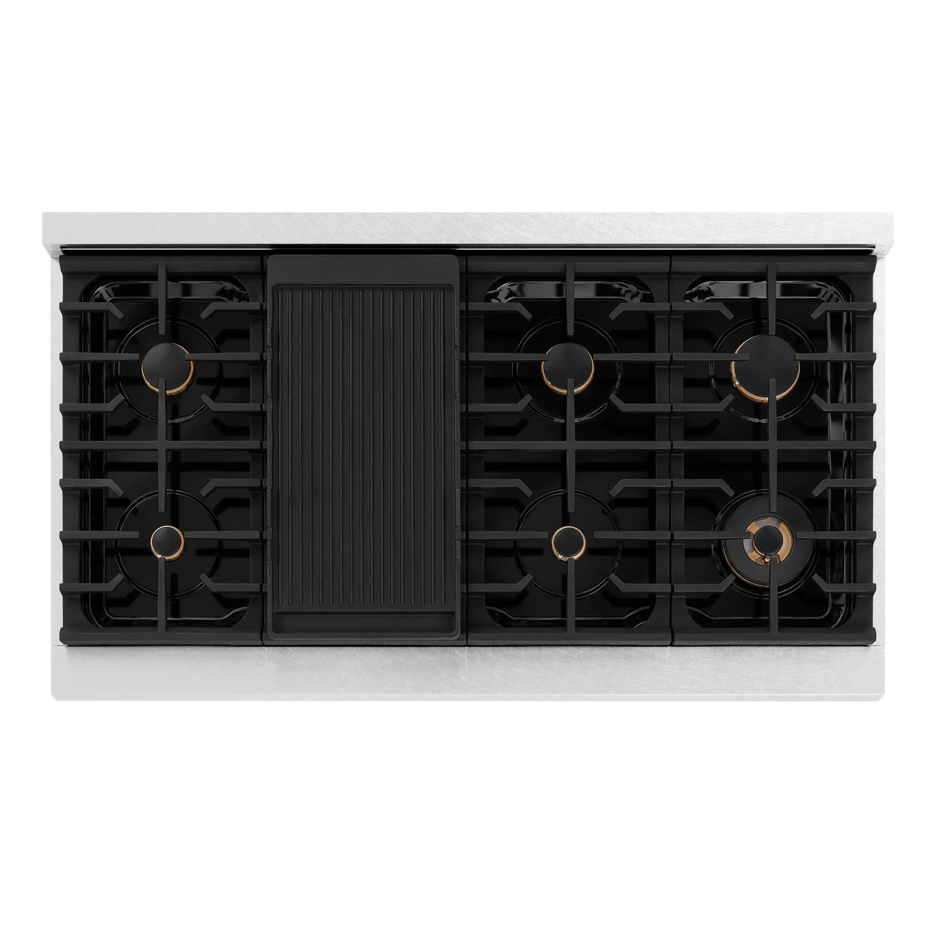 ZLINE gas rangetop burner grates with multiple round burners and black center griddle