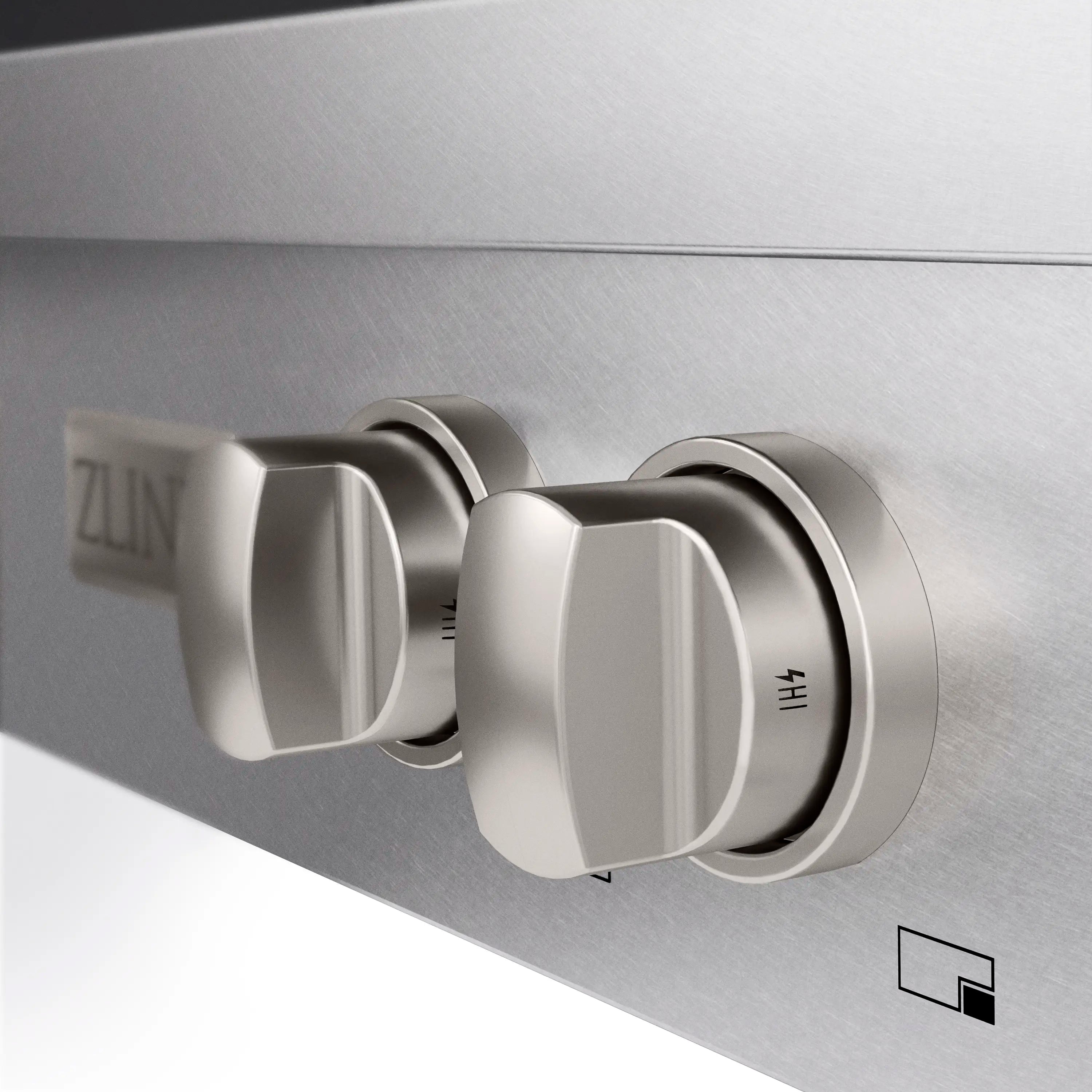 Satin stainless steel gas rangetop with two front control knobs and burner caps