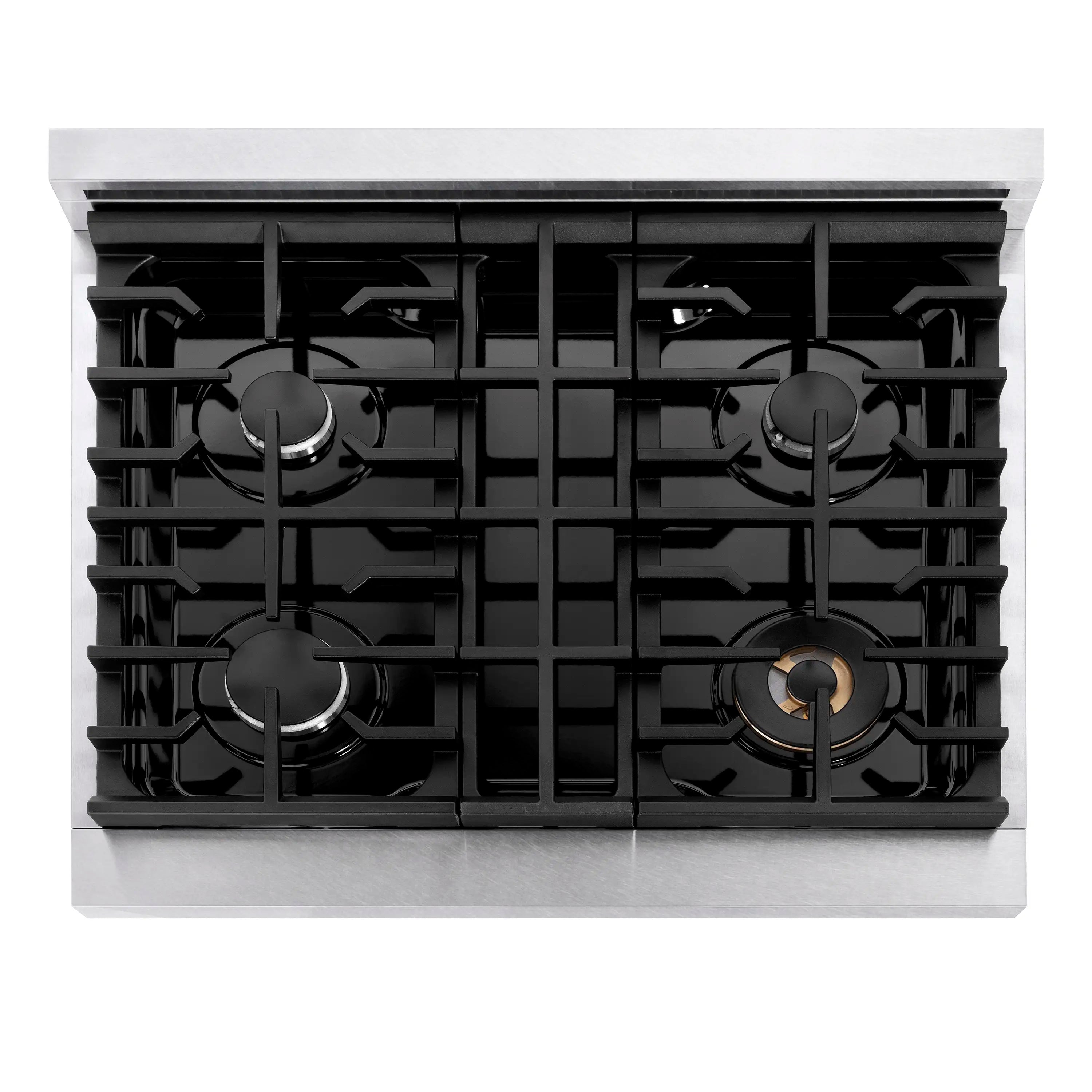 Stainless steel 4-burner gas rangetop with black cast-iron grates, top view