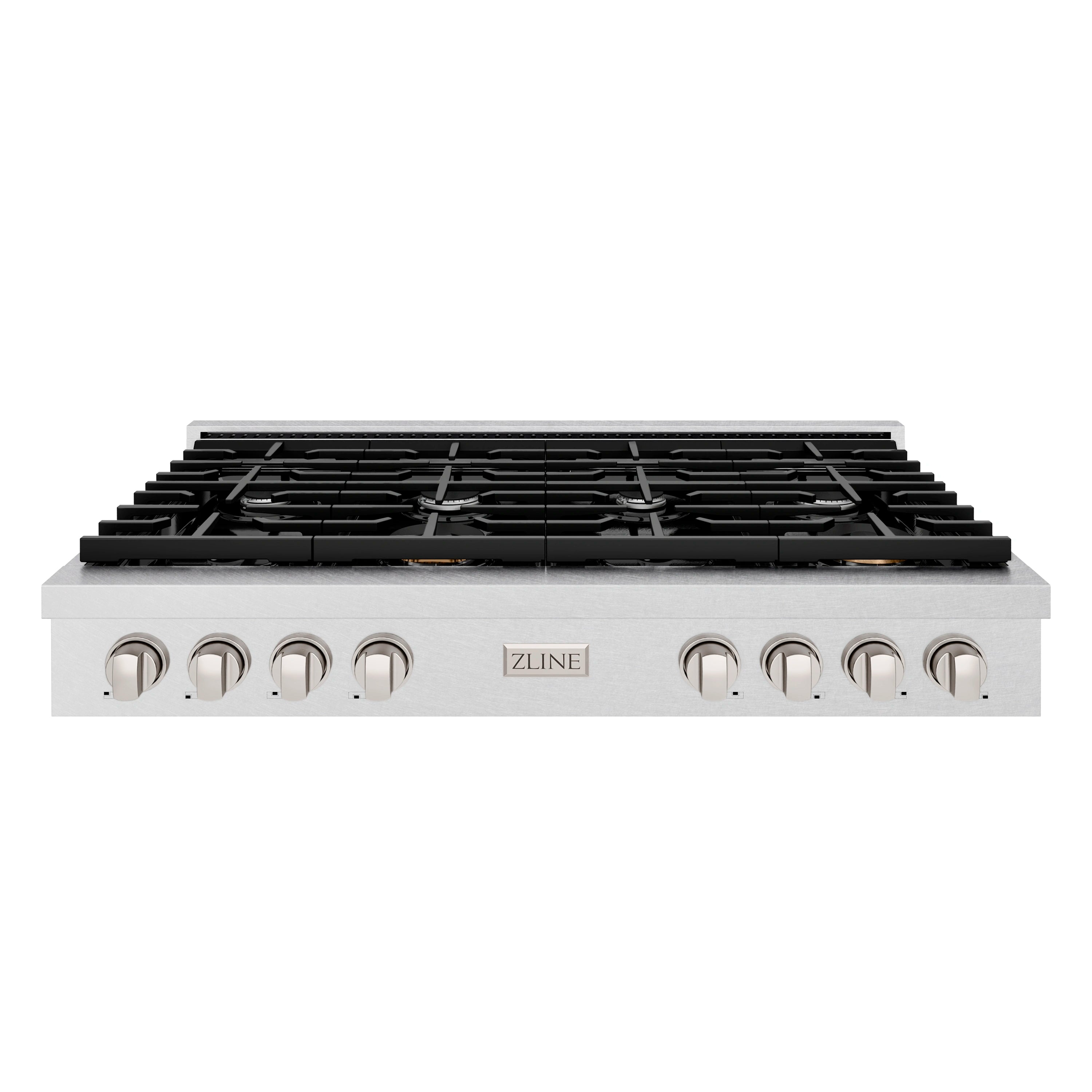 Satin stainless gas rangetop front view with black grates and control knobs