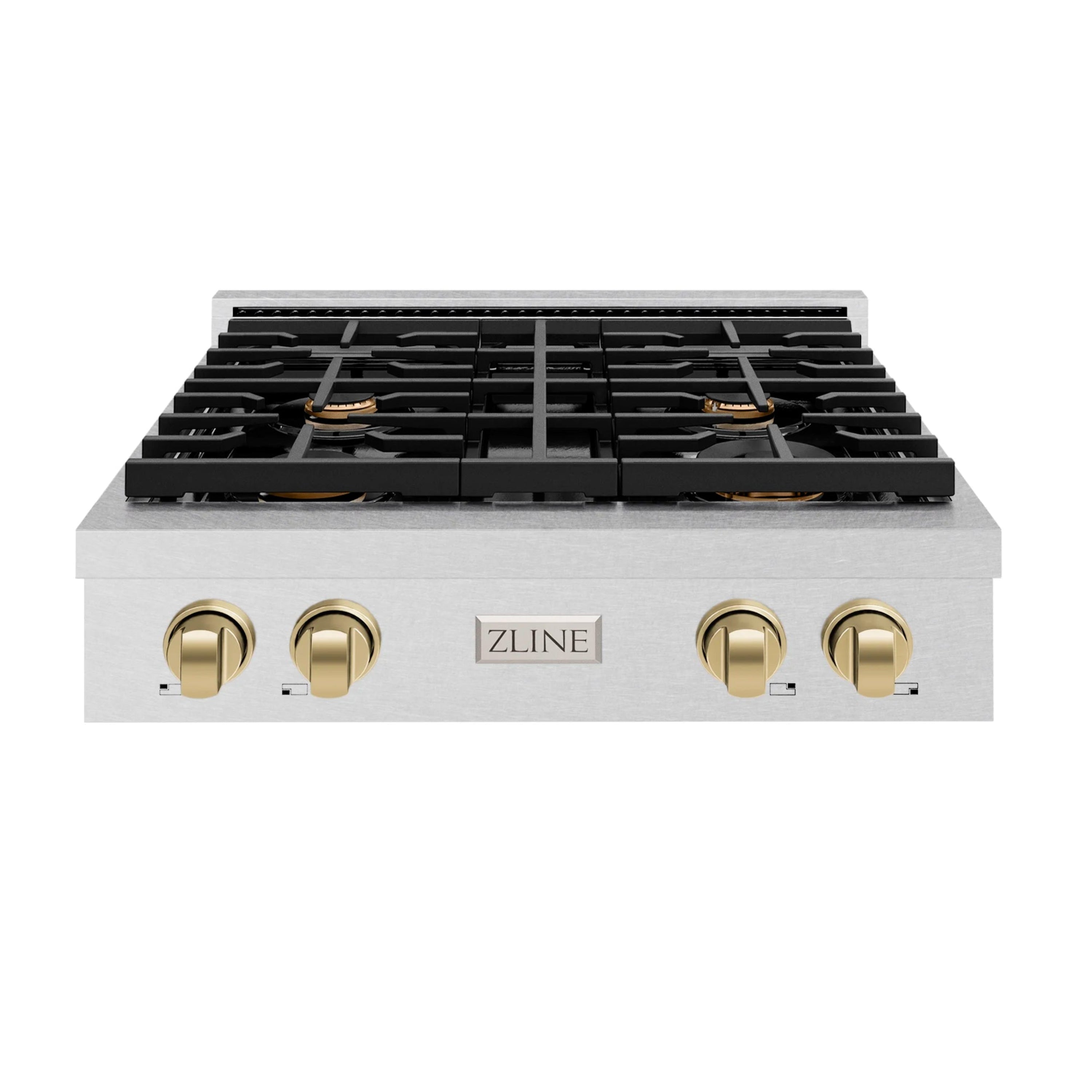 Four-burner gas rangetop with black grates and champagne bronze knobs on stainless steel