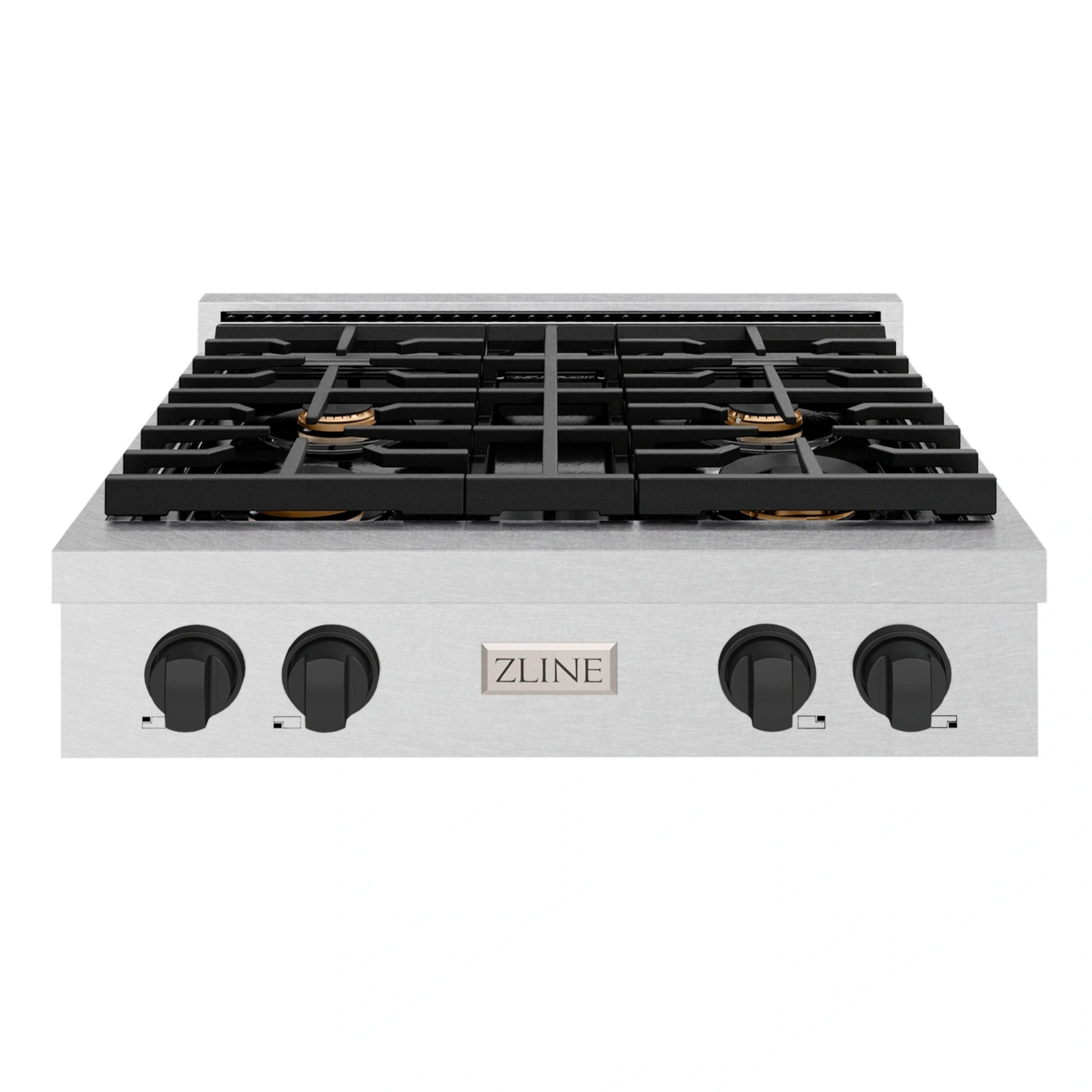 Four-burner gas rangetop with black grates, black knobs, and ZLINE logo