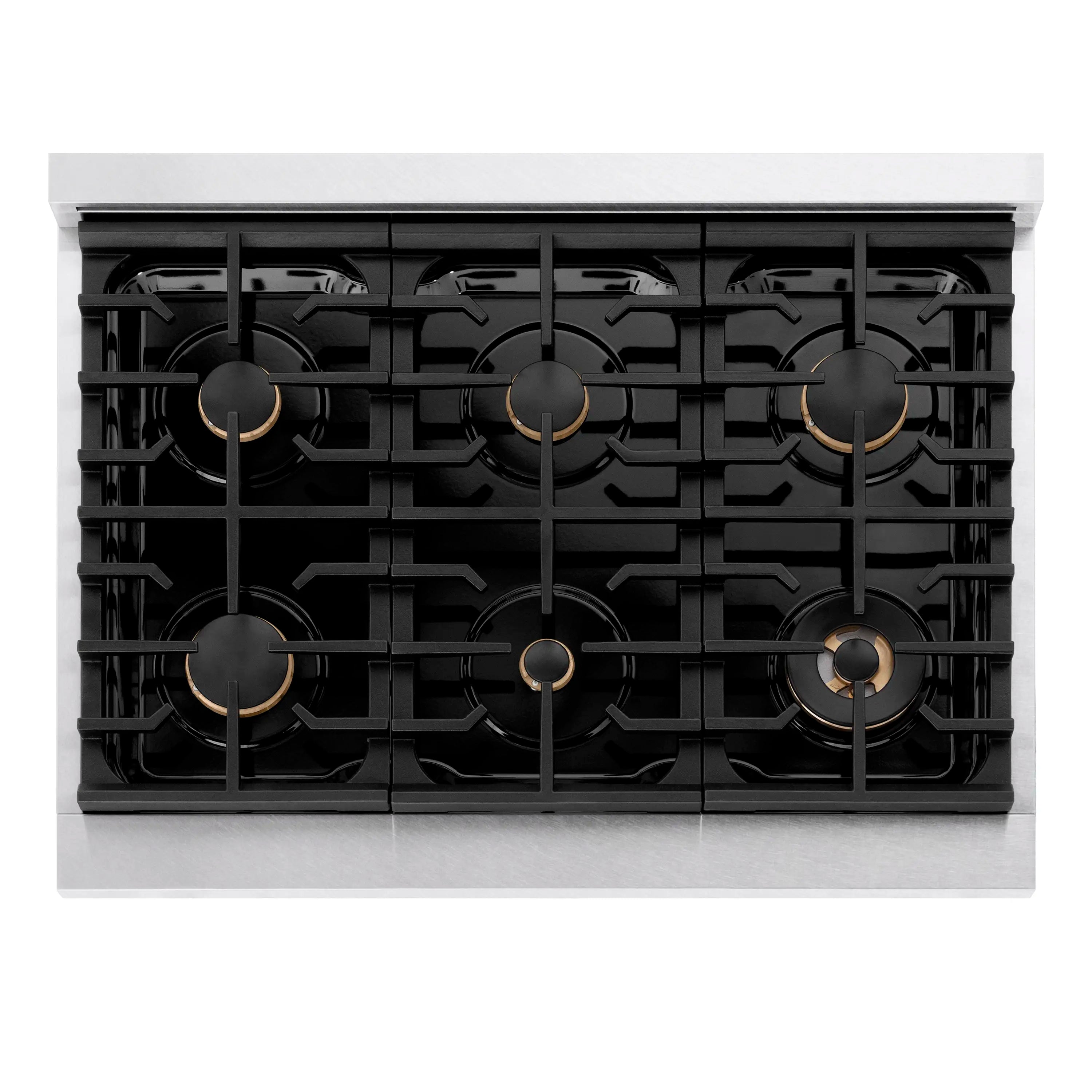 Six-burner view of black grates on a stainless steel gas rangetop