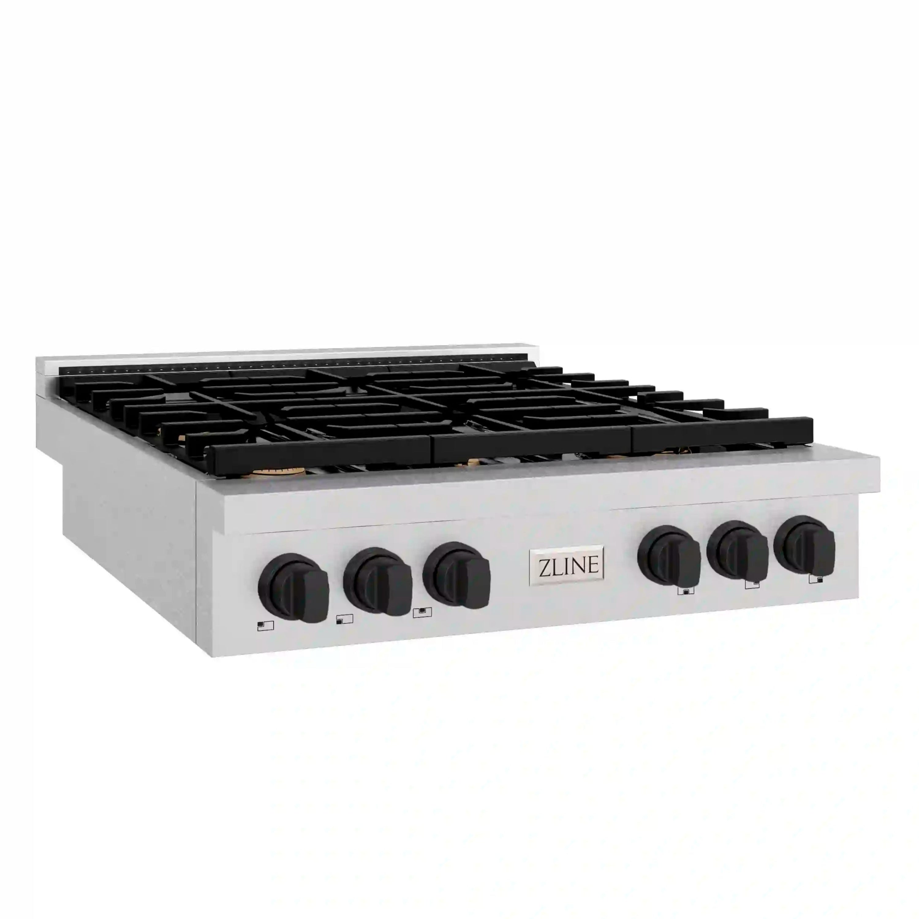Stainless steel 6-burner gas cooktop with black grates and front control knobs
