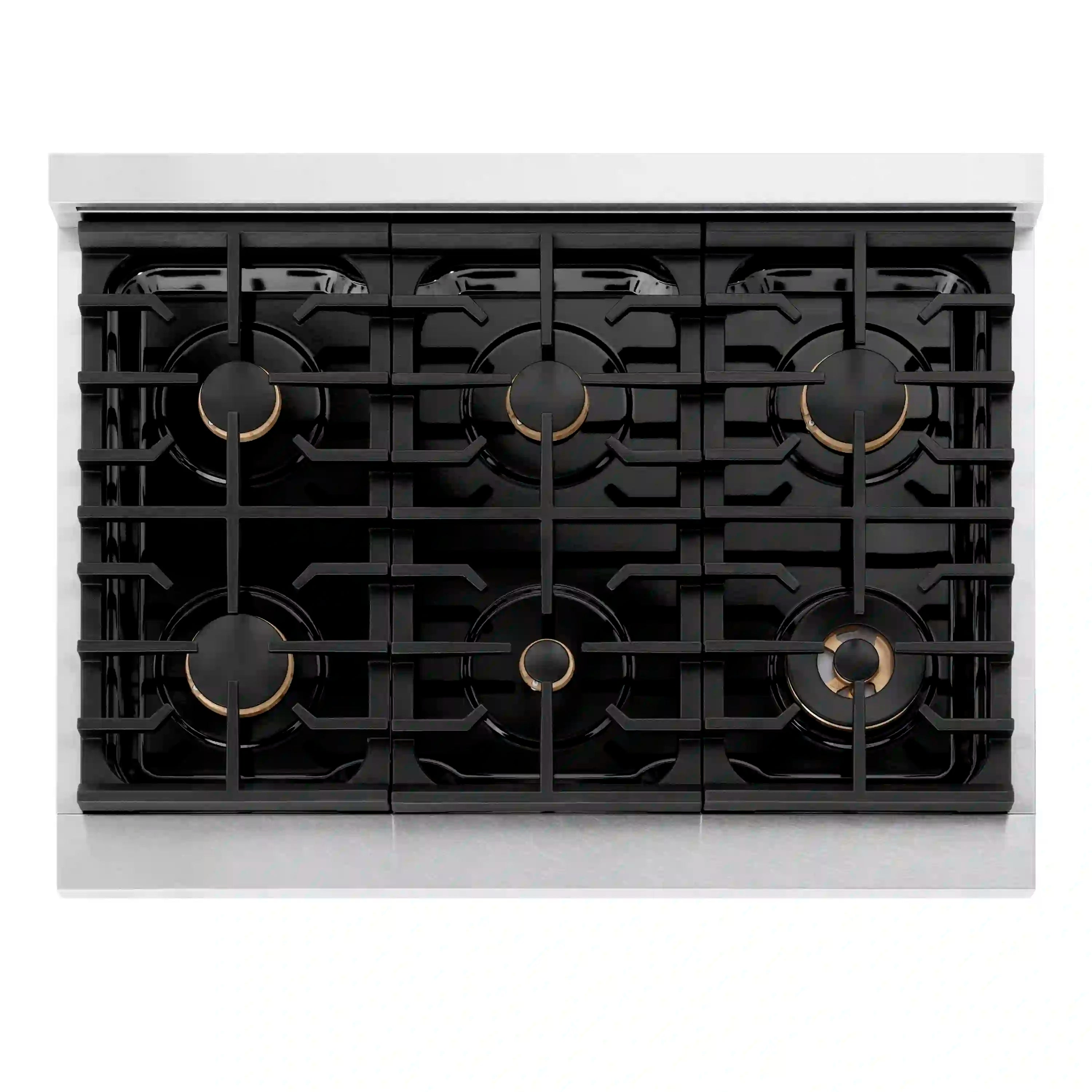 Black burner grates with six gas burners and bronze/gold burner caps