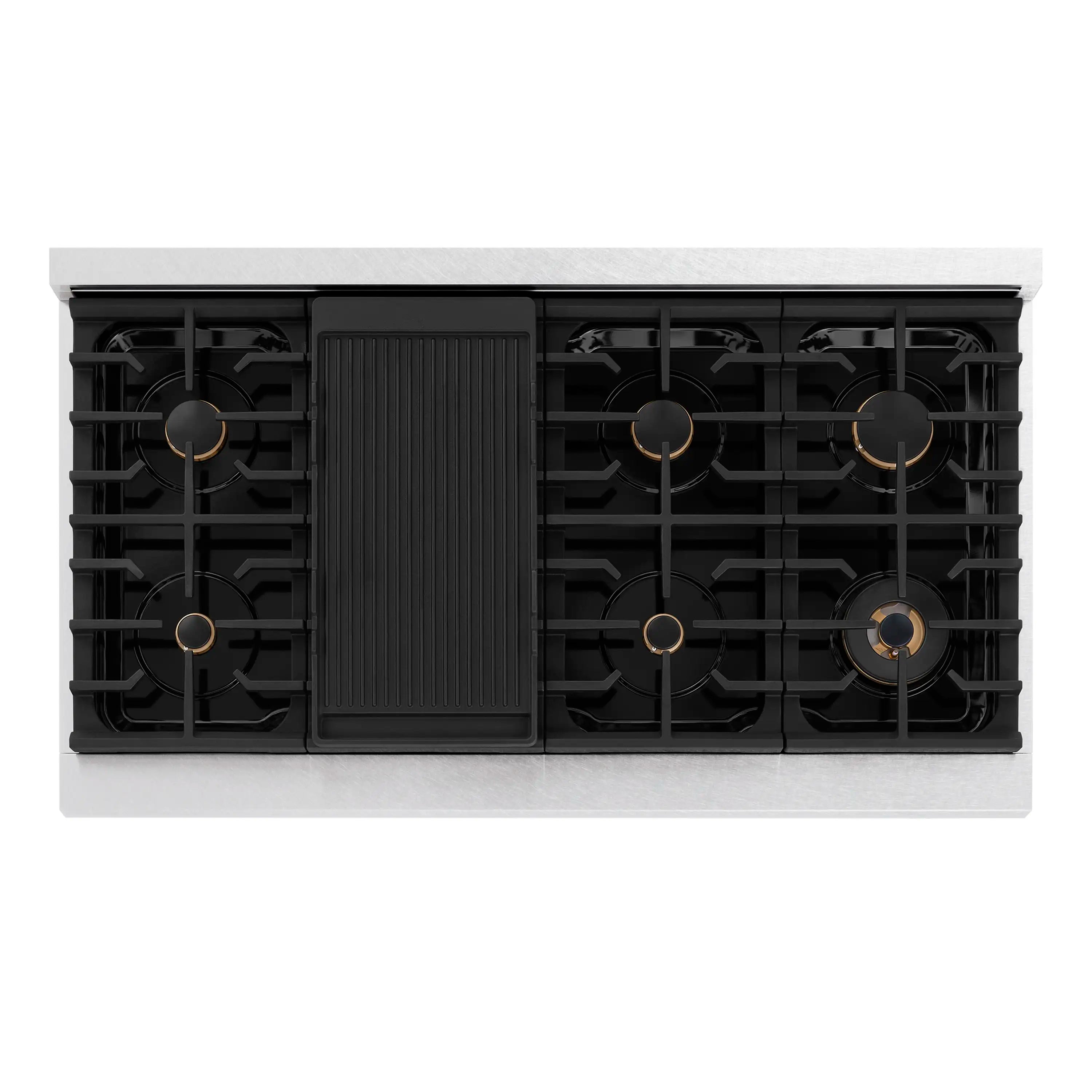 Gas cooktop burner base with black ridged cover and exposed ignition rings