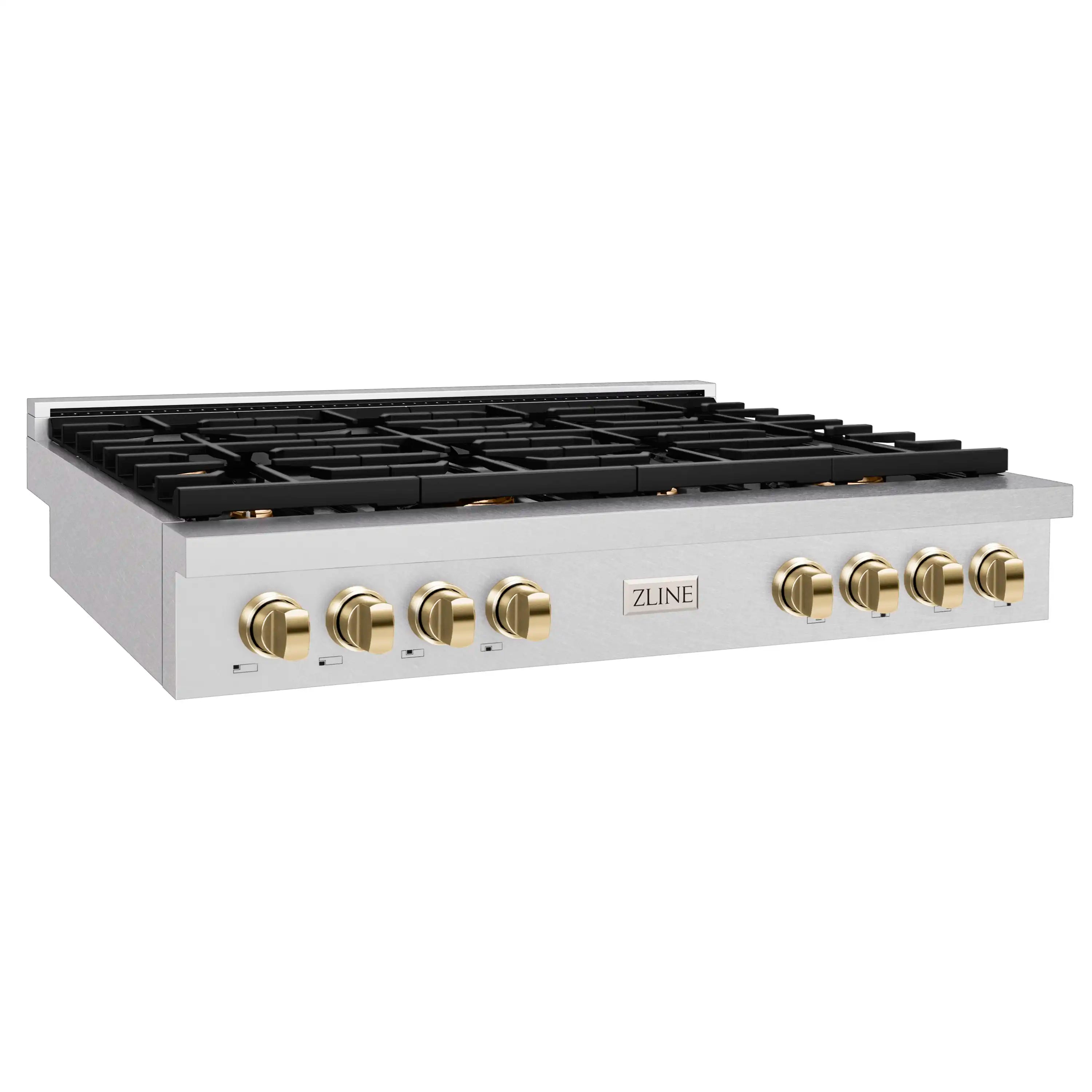 Gas rangetop with eight burners, black grates, satin stainless body, polished gold control knobs