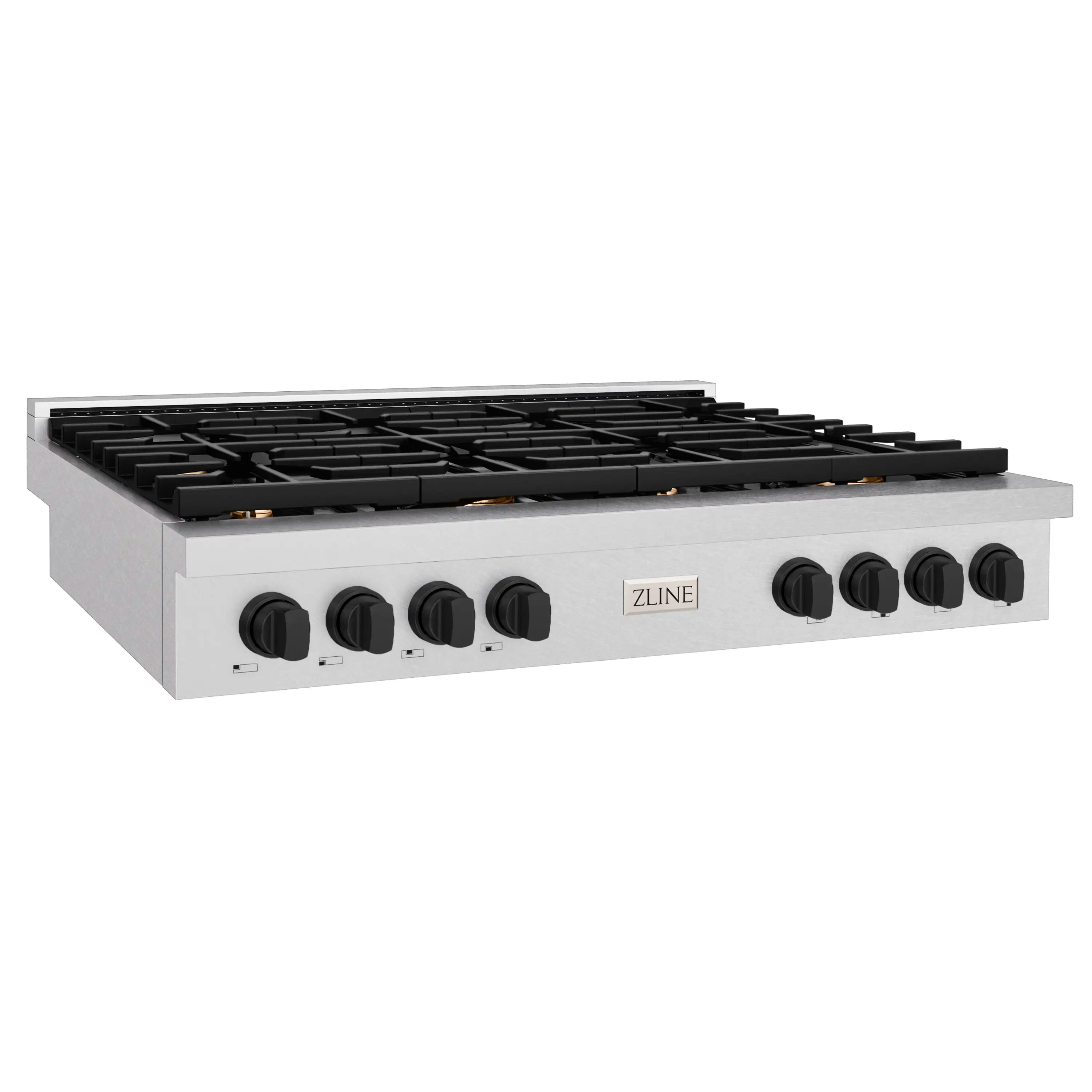 Gas rangetop front view with eight burner grates, black knobs, and ZLINE center logo