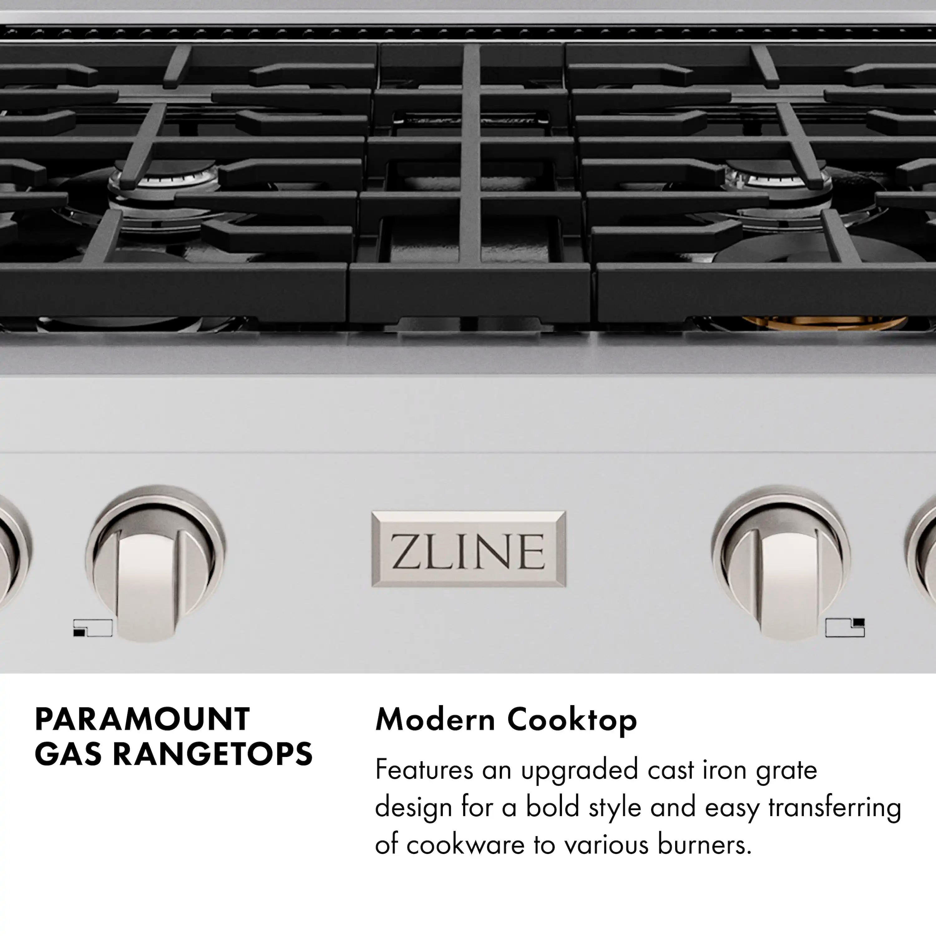 Stainless steel gas rangetop with four burner grates and control knobs