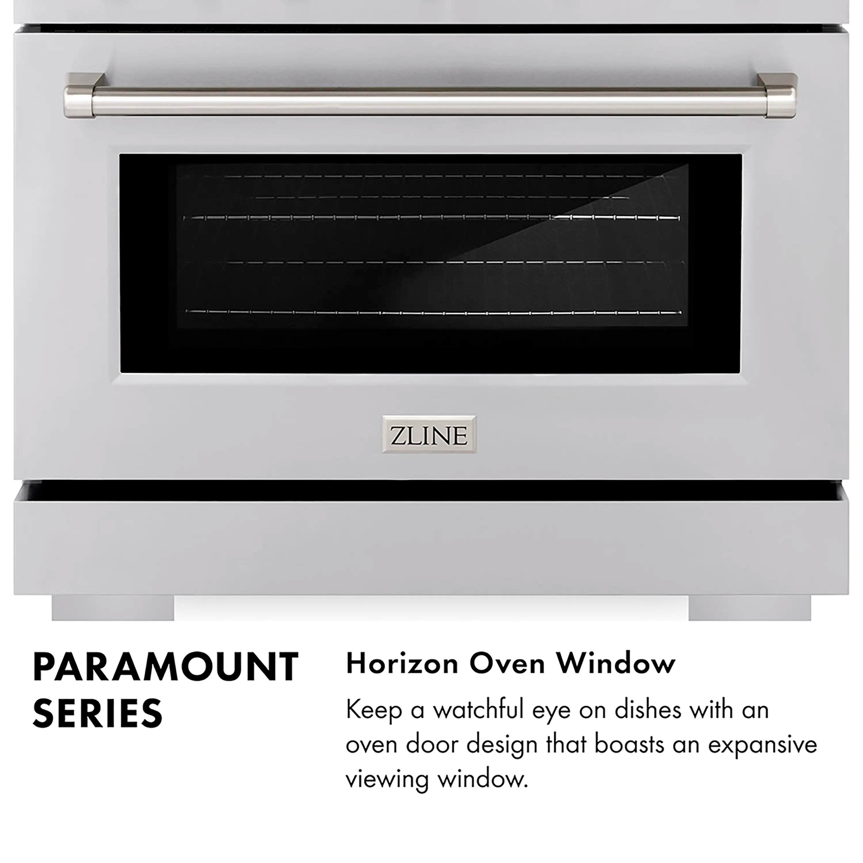 Gas oven door with rectangular viewing window and ZLINE badge centered below