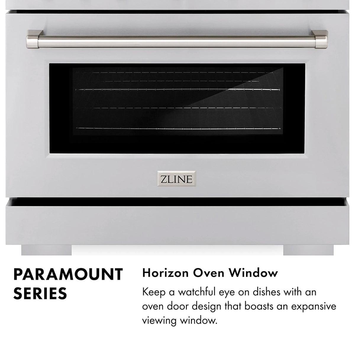 ZLINE dual fuel range oven door with horizon viewing window and silver handle