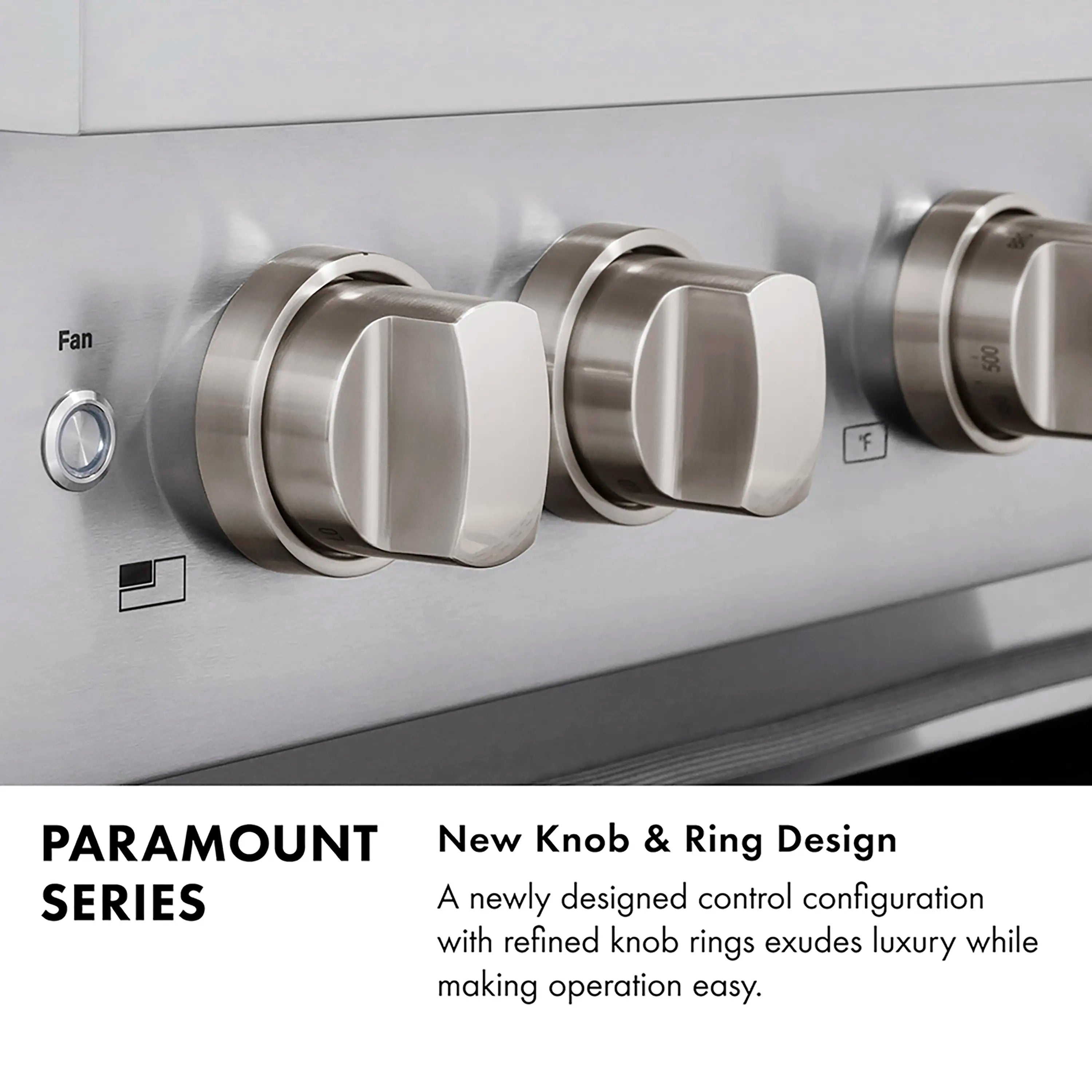 Stainless steel gas range control panel with four knob controls and indicator area