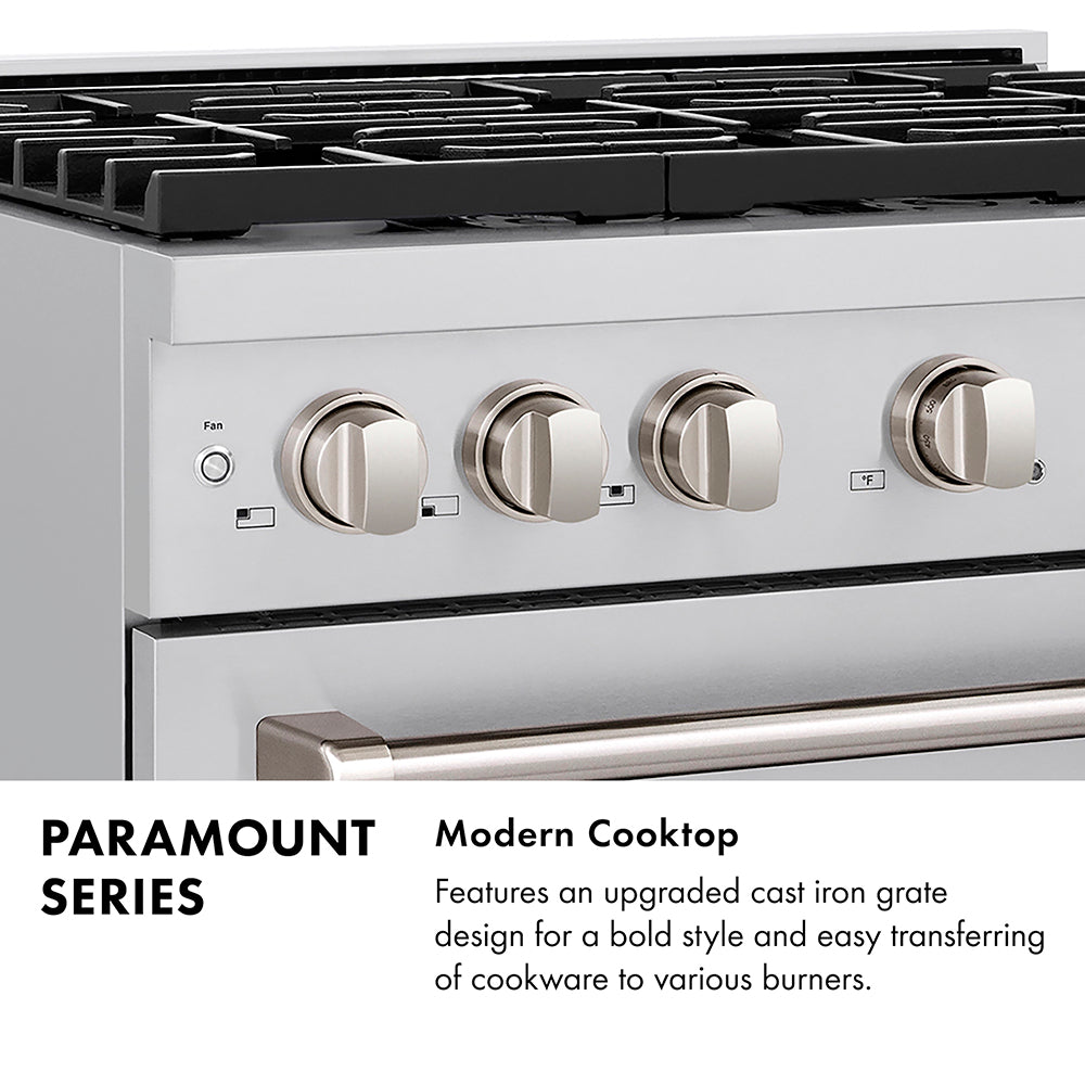 ZLINE range front panel with chrome control knobs and black cooktop grates