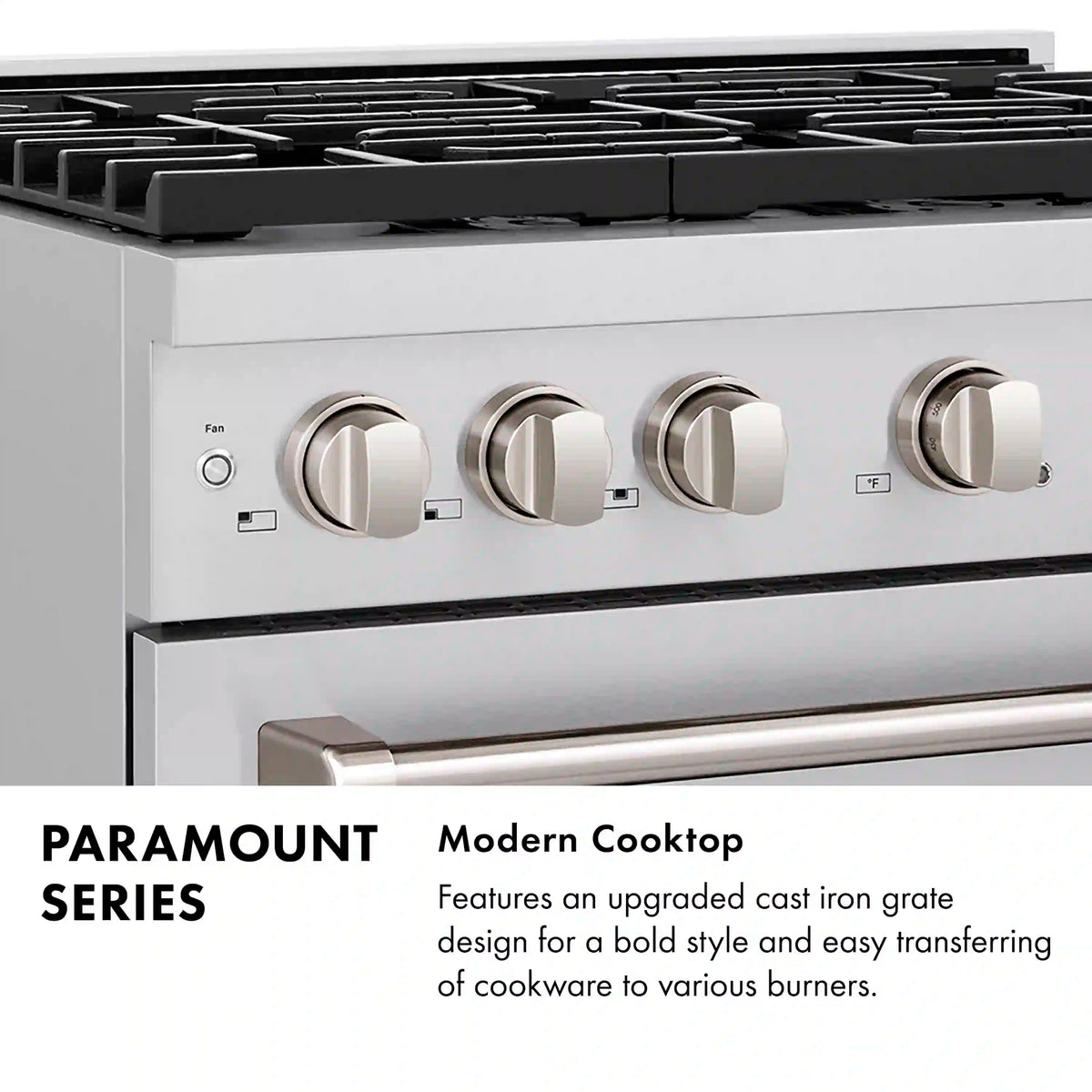 Cooktop with cast-iron grates and gold-accented control knobs on dual fuel range