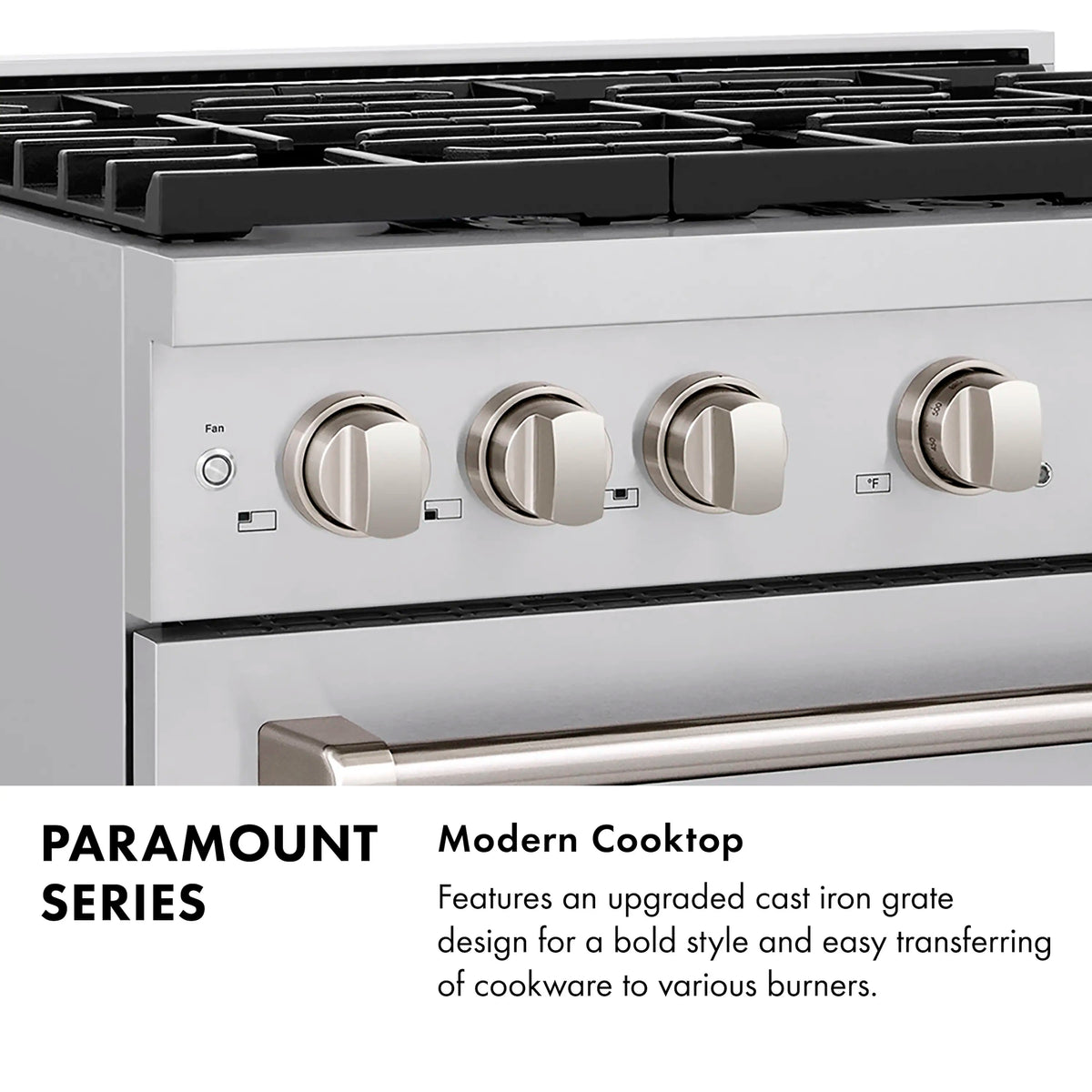 Stainless gas cooktop with black grates and four champagne bronze control knobs